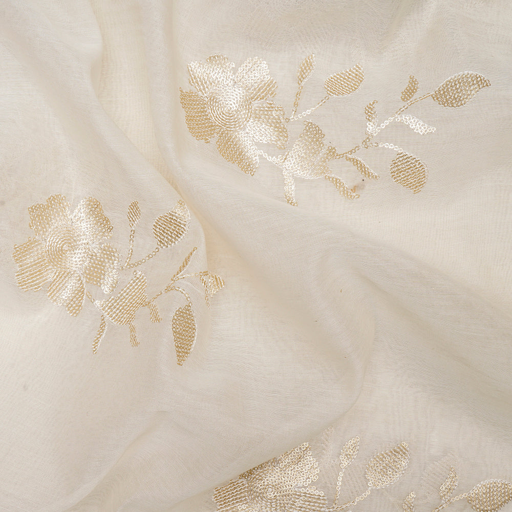 (Pre-Cut 1.30 Mtr)Off-White Motif Pattern Thread & Sequins Embroidered Fine Chanderi Fabric