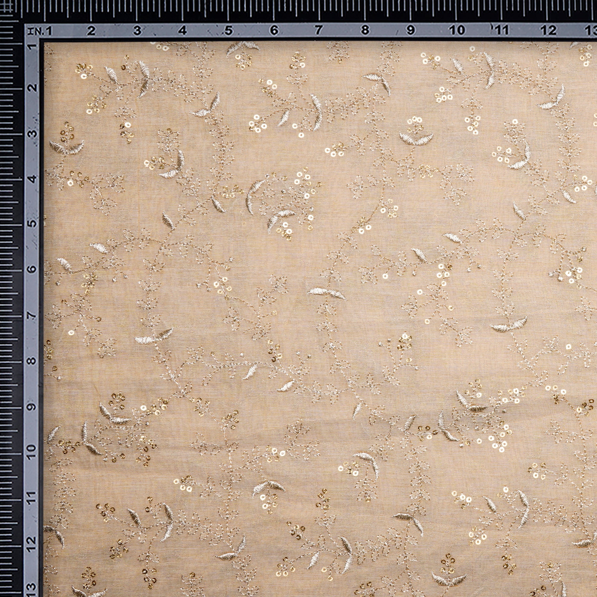 (Pre-Cut 2.60 Mtr)Gold Dyeable All Over Pattern Zari Sequins Embroidered Tissue Chanderi Fabric