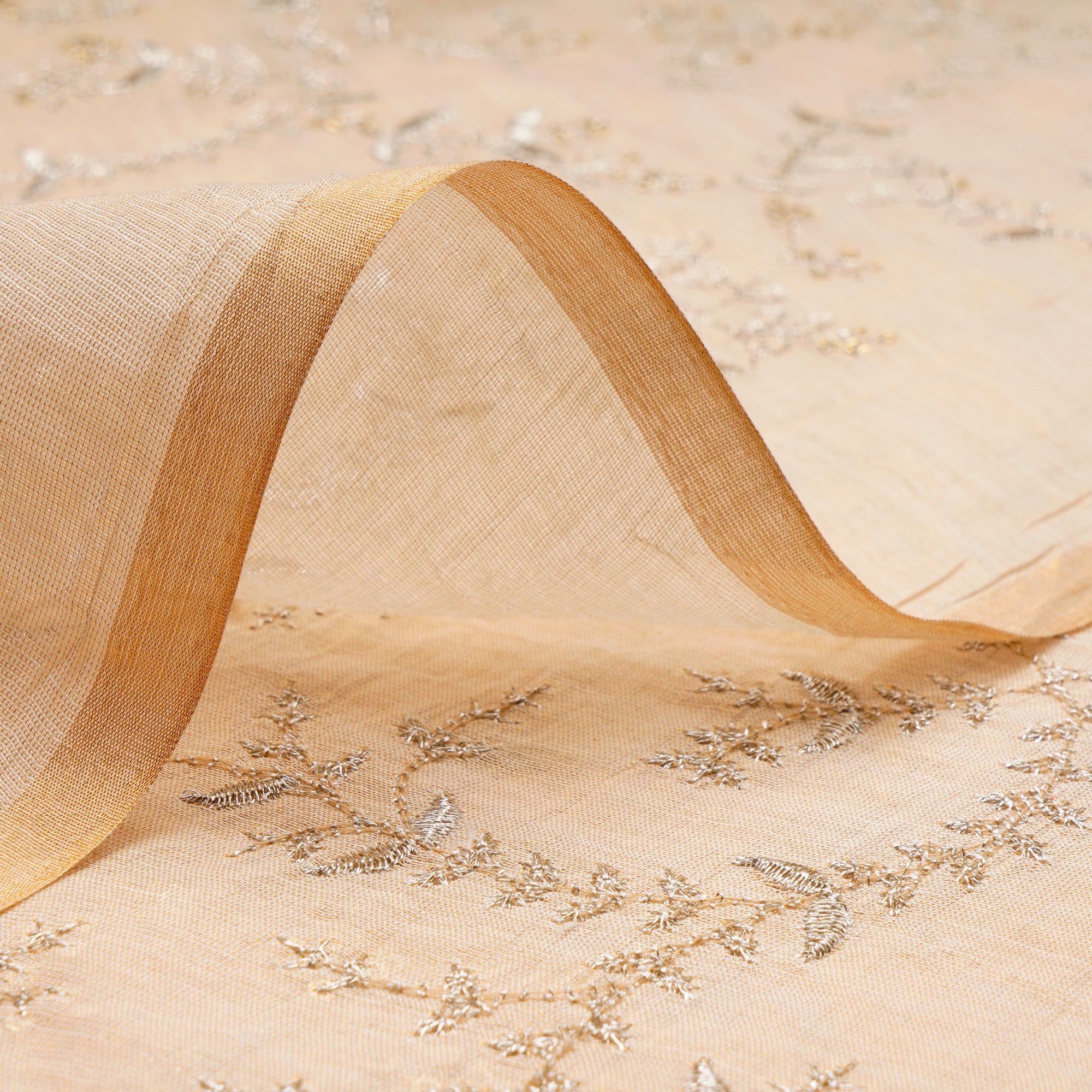 (Pre-Cut 2.60 Mtr)Gold Dyeable All Over Pattern Zari Sequins Embroidered Tissue Chanderi Fabric