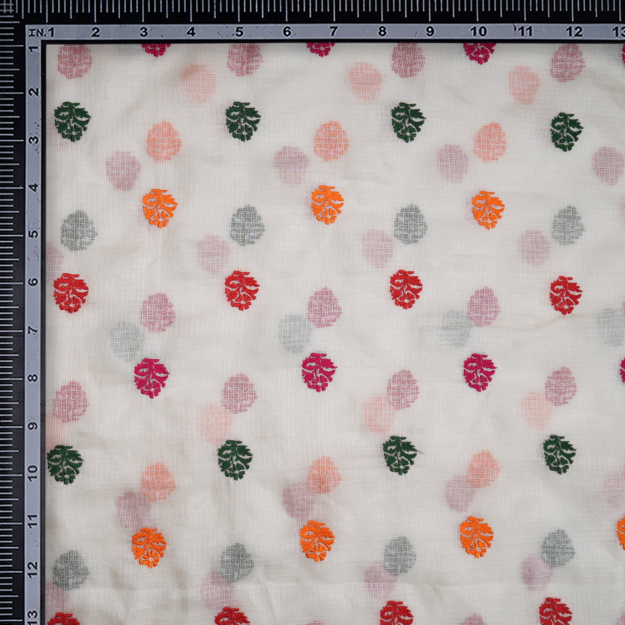 (Pre-Cut 3.15 Mtr)White Dyeable Motif Pattern Thread Embroidered Kota Silk Fabric