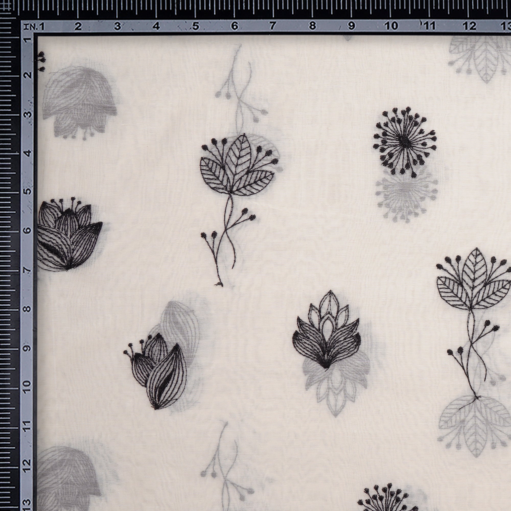 (Pre-Cut 1.0 Mtr)Off-White Black Motif Pattern Thread Embroidered Fine Chanderi Fabric