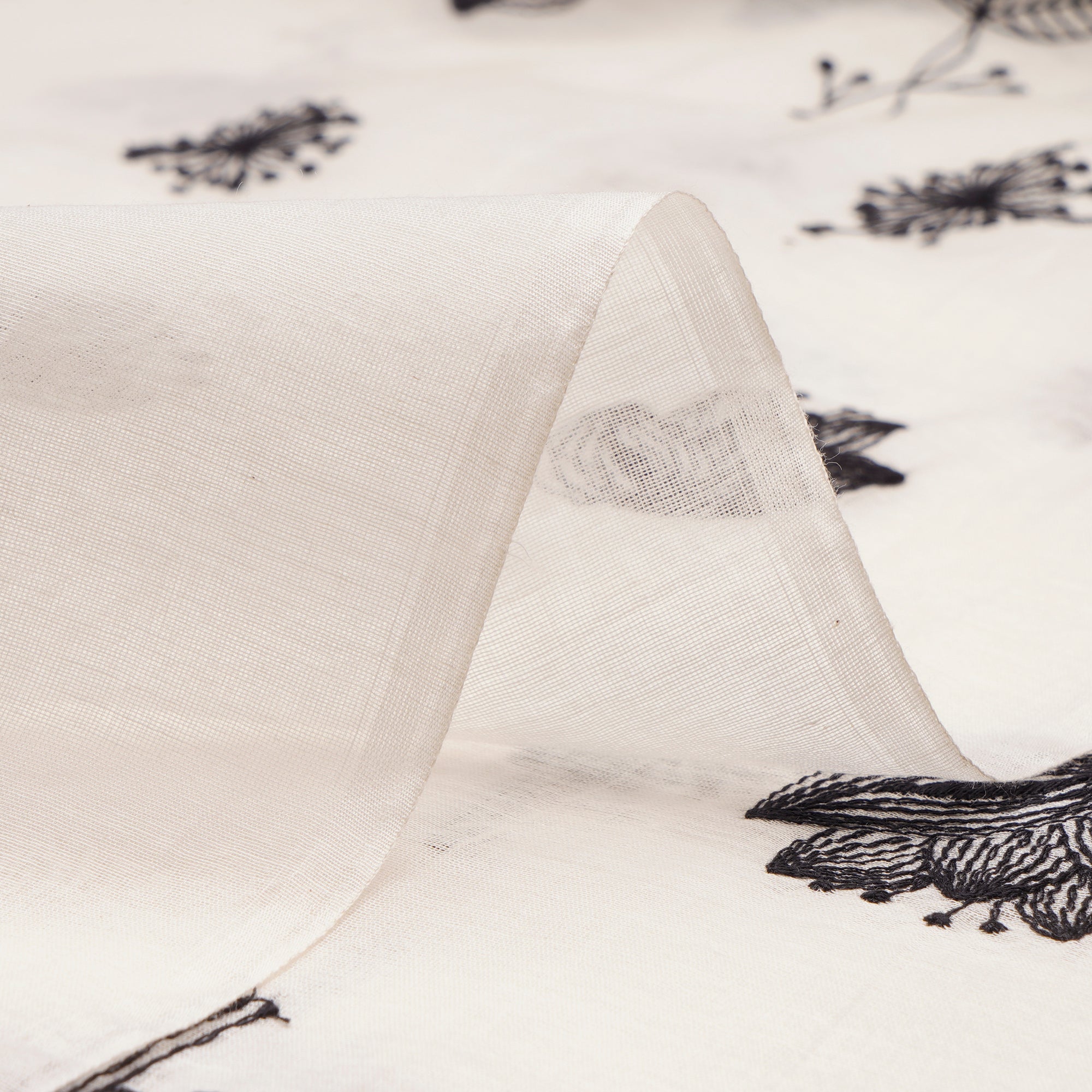 (Pre-Cut 1.0 Mtr)Off-White Black Motif Pattern Thread Embroidered Fine Chanderi Fabric