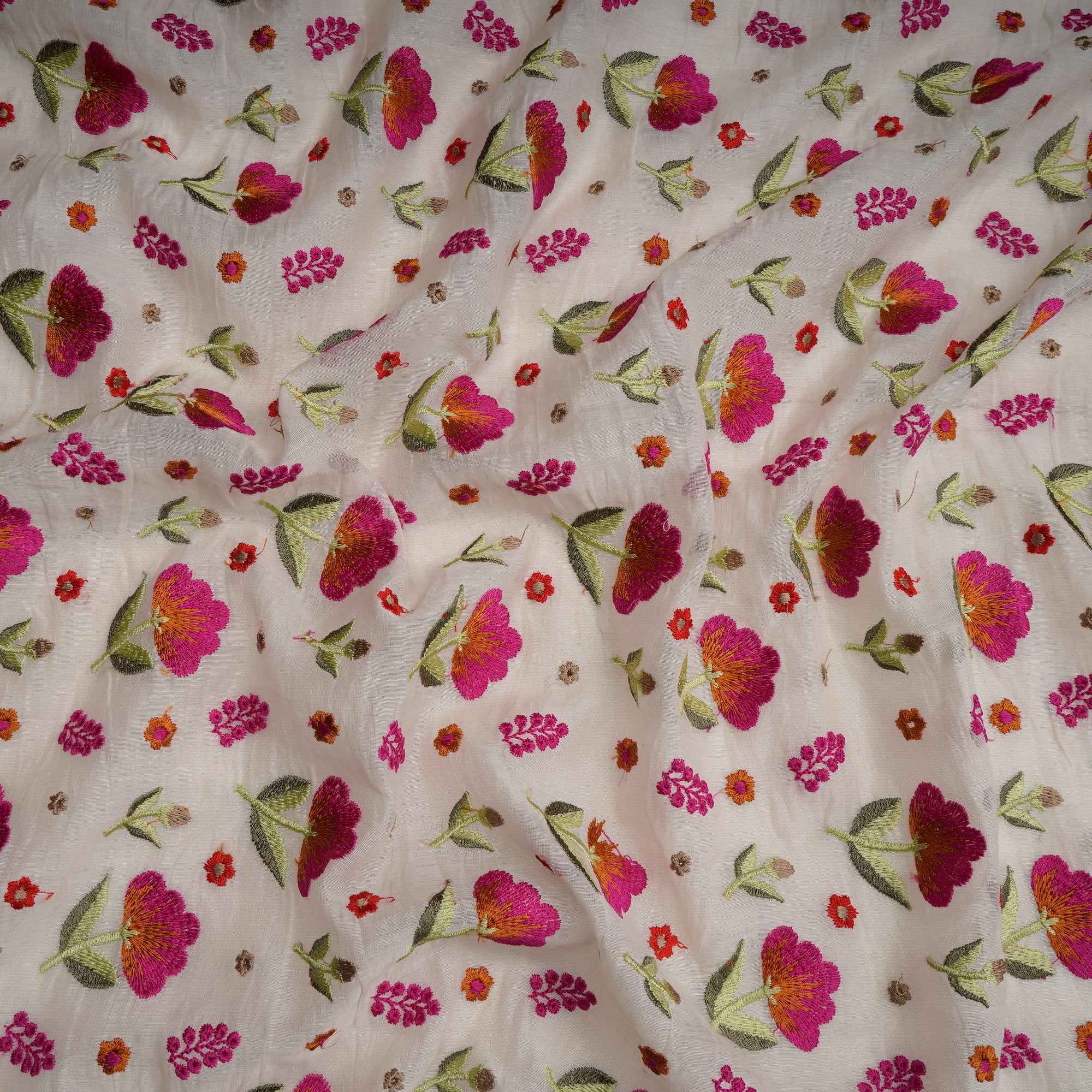 (Pre-Cut 1.00 Mtr)Off-White Floral Pattern Thread Embroidered Fine Chanderi Fabric