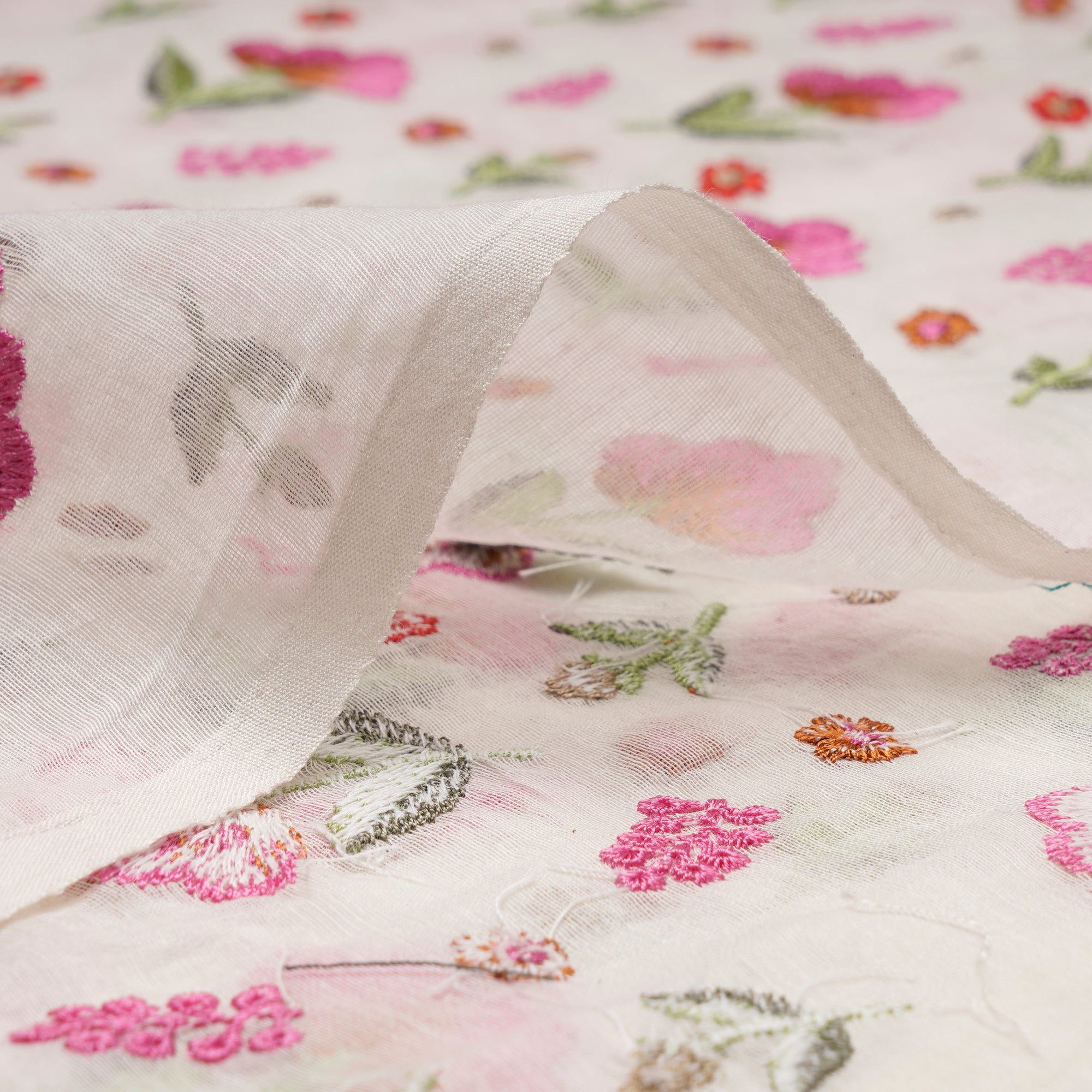(Pre-Cut 2.50Mtr)Multi Color Floral Pattern Thread All Over Embroidered Chanderi Fabric