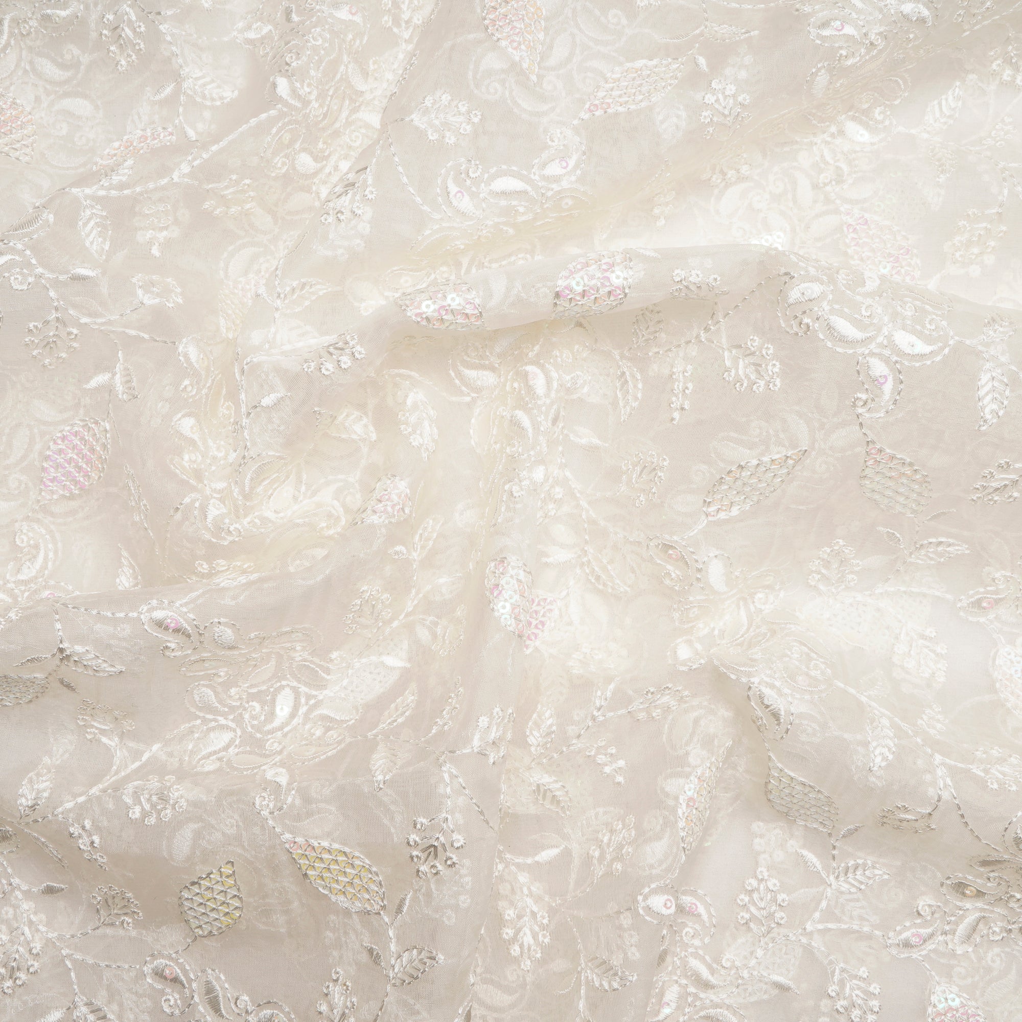 (Pre-Cut 3.00 Mtr) White Dyeable Floral Pattern Sequins Embroidered Organza Silk Fabric