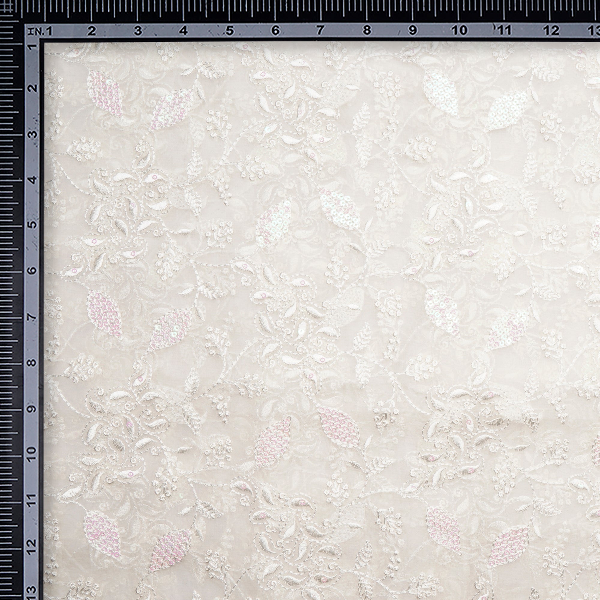 (Pre-Cut 3.00 Mtr) White Dyeable Floral Pattern Sequins Embroidered Organza Silk Fabric