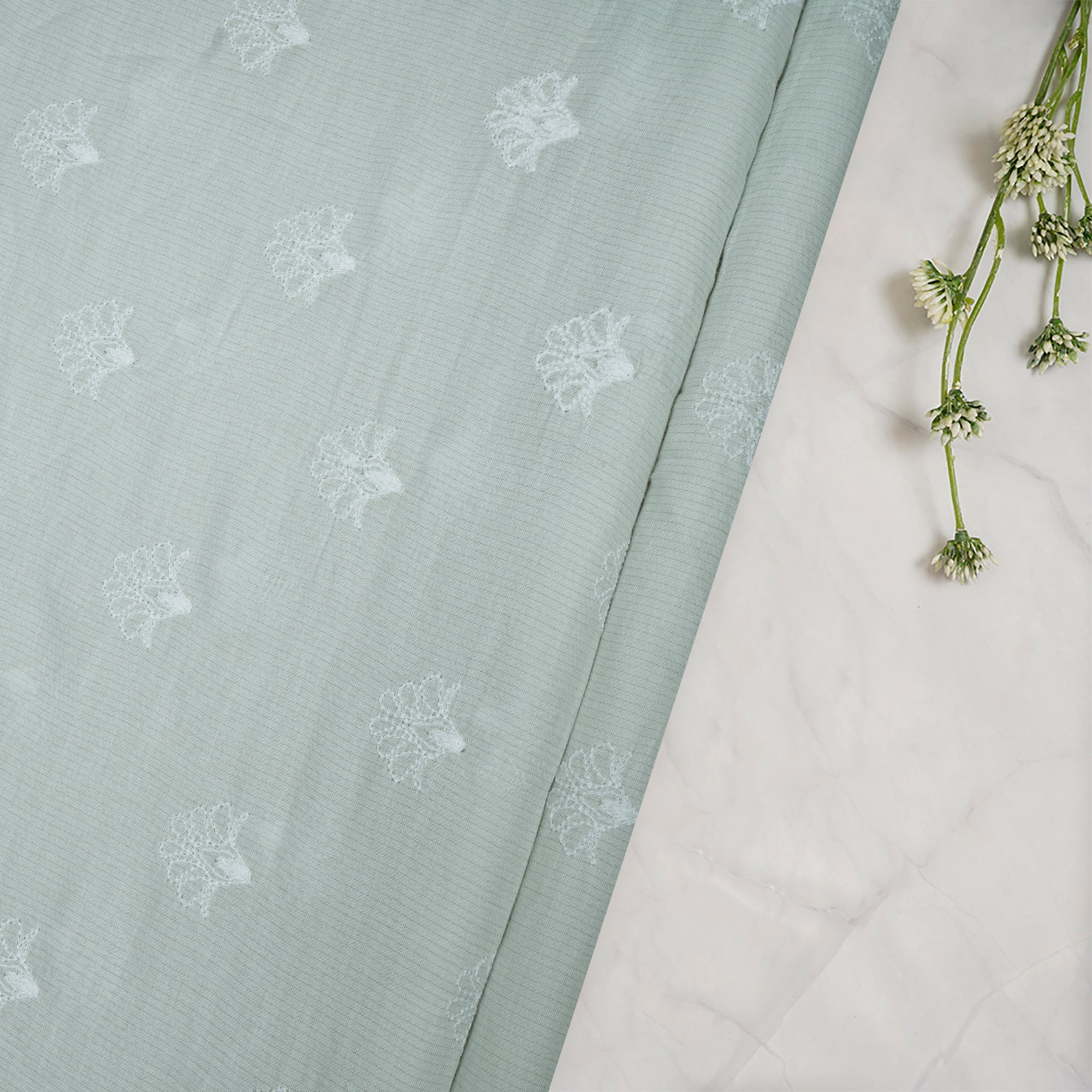 (Pre-Cut 3.00 Mtr)Off-White Color Embroidered Cotton Voile Fabric