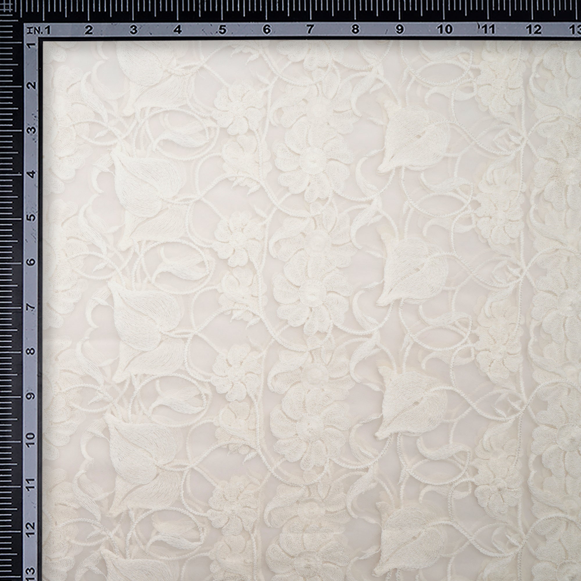 (Pre-Cut 4.00 Mtr) White Dyeable Floral Pattern Thread Embroidered Nylon Net Fabric