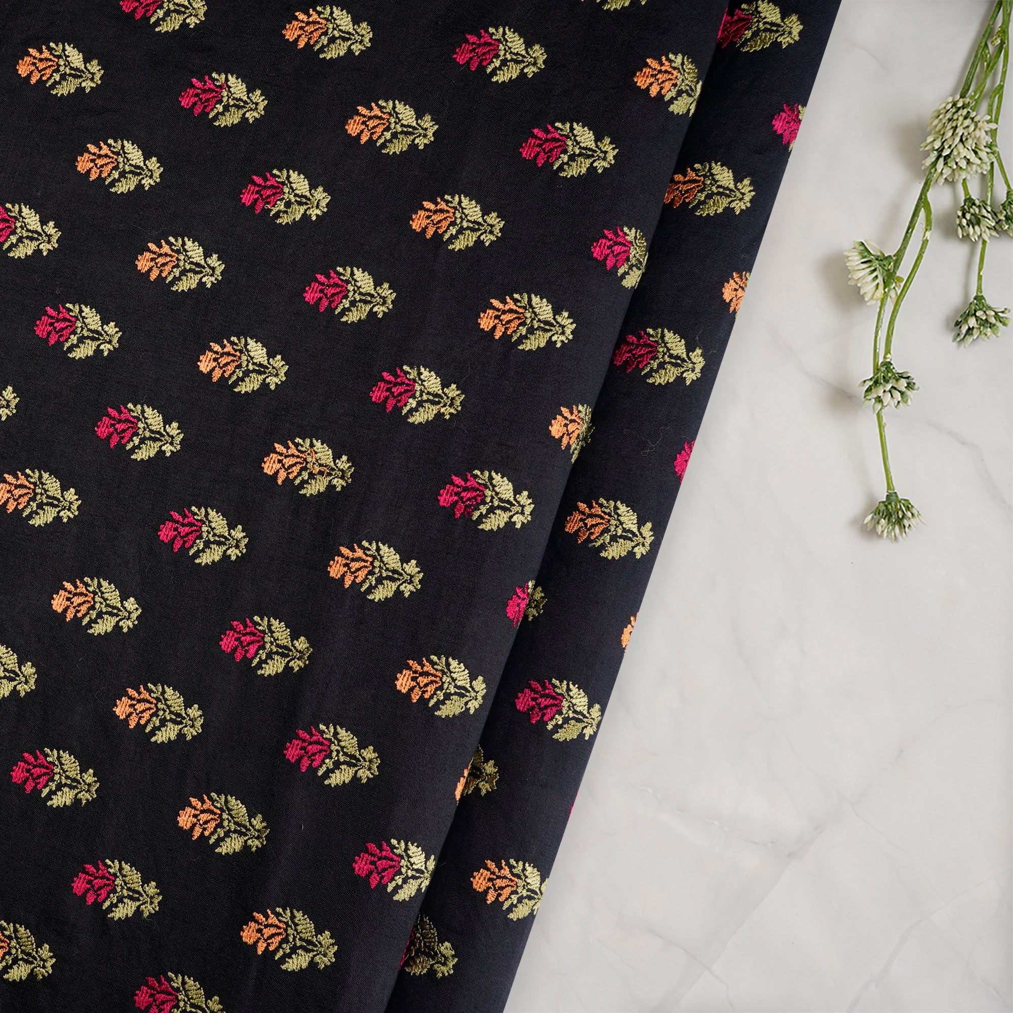 (Pre-Cut 1.60 Mtr) Black Floral Motif Pattern Thread Embroidered Silk Fabric