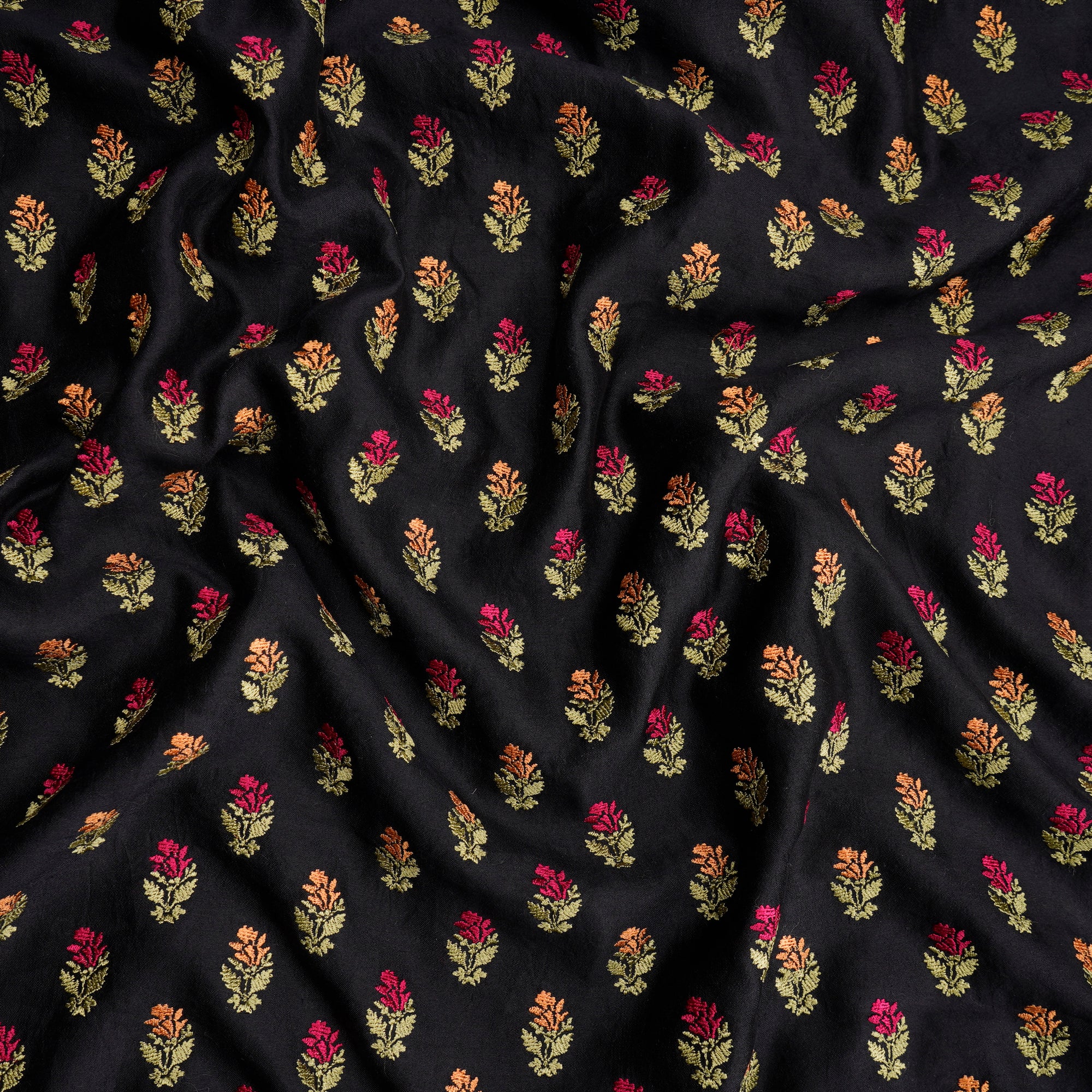 (Pre-Cut 1.60 Mtr) Black Floral Motif Pattern Thread Embroidered Silk Fabric