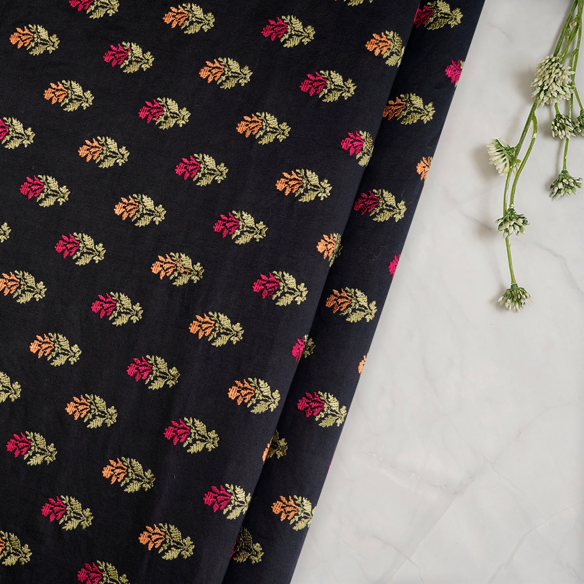 (Pre-Cut 3.30 Mtr)Black Color Embroidered Spun Silk Fabric