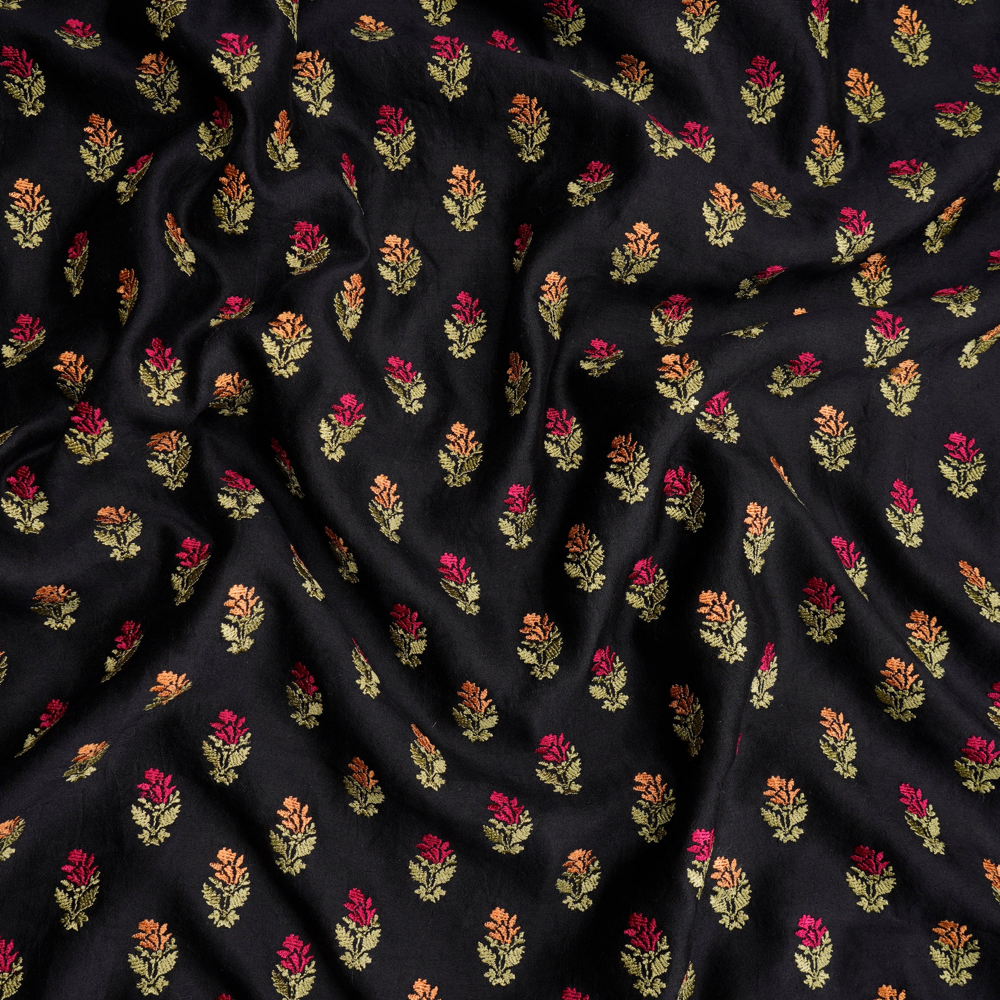 (Pre-Cut 3.30 Mtr)Black Color Embroidered Spun Silk Fabric