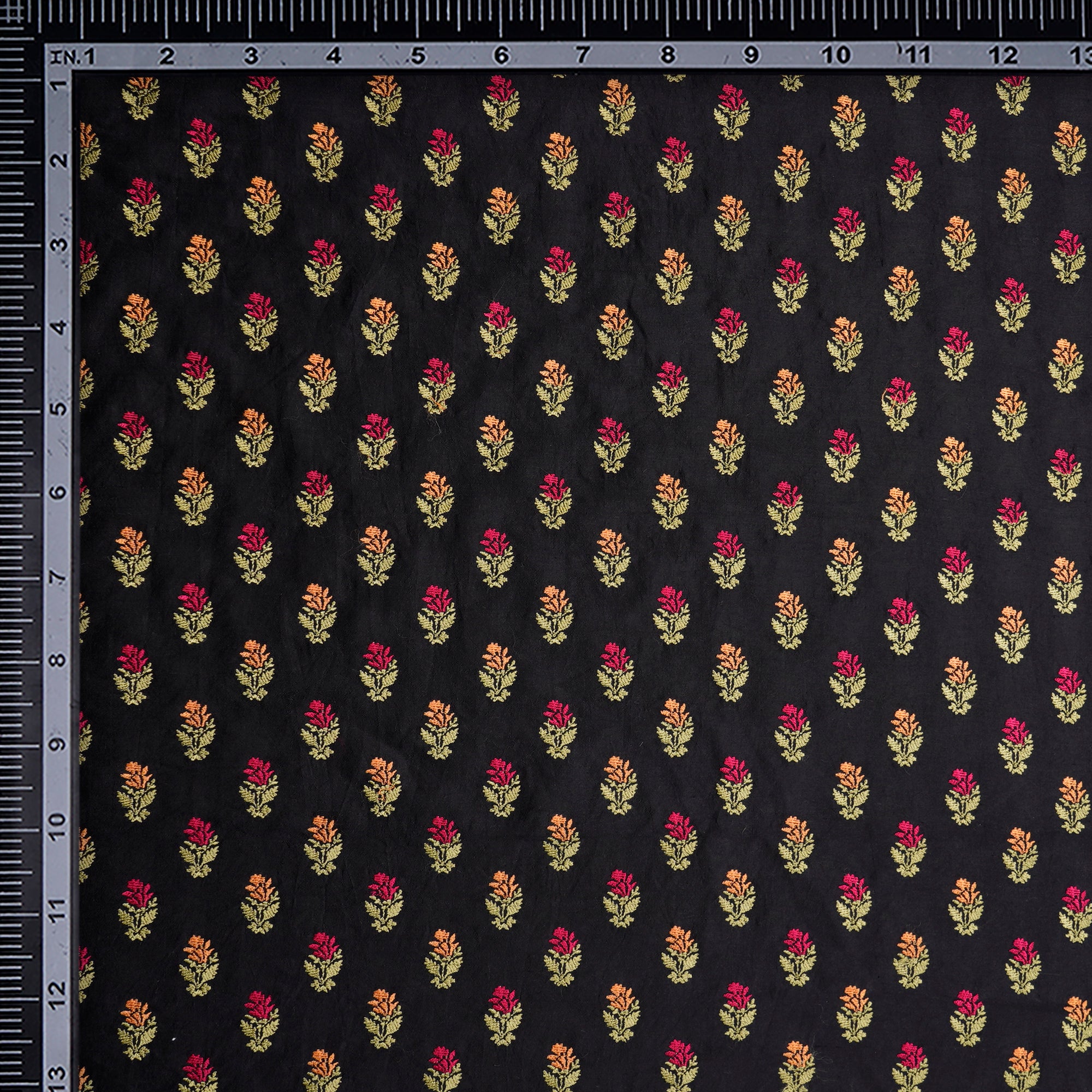 (Pre-Cut 3.30 Mtr)Black Color Embroidered Spun Silk Fabric