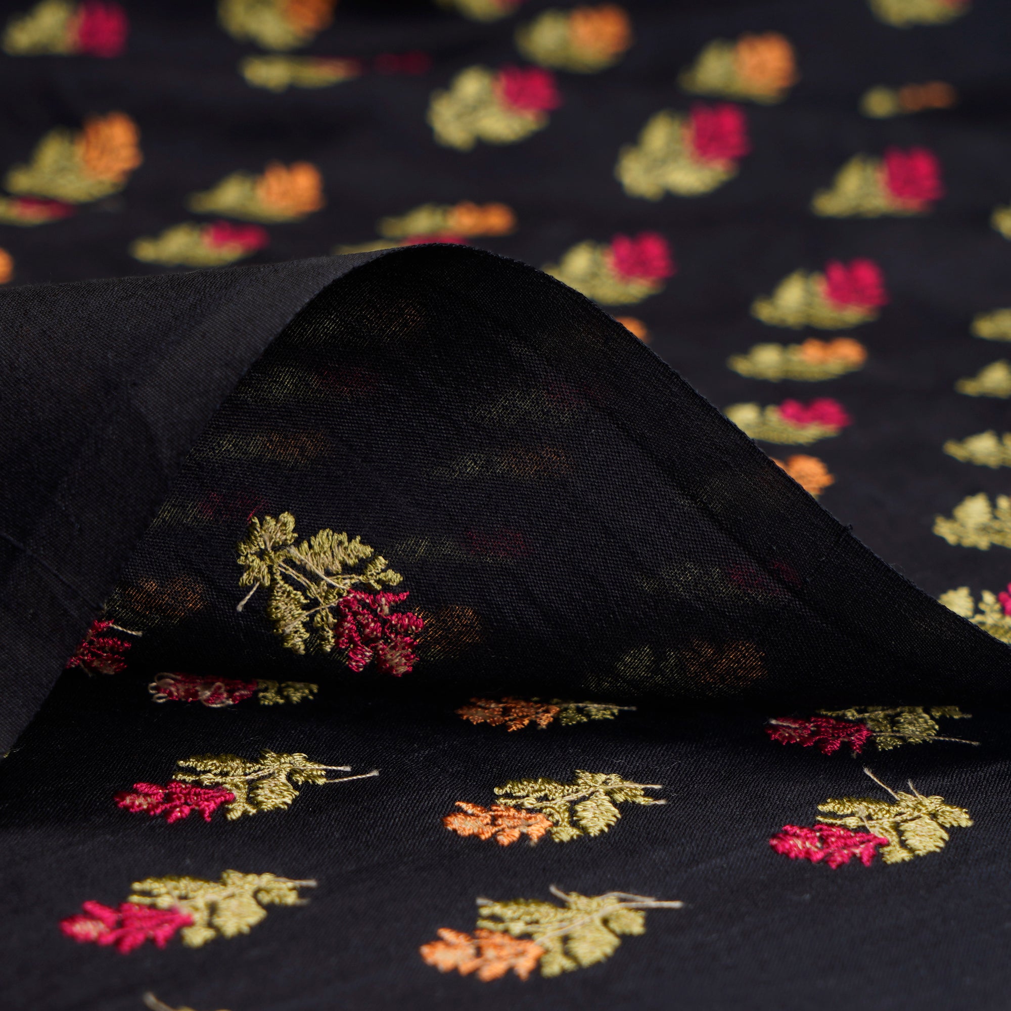 (Pre-Cut 3.30 Mtr)Black Color Embroidered Spun Silk Fabric