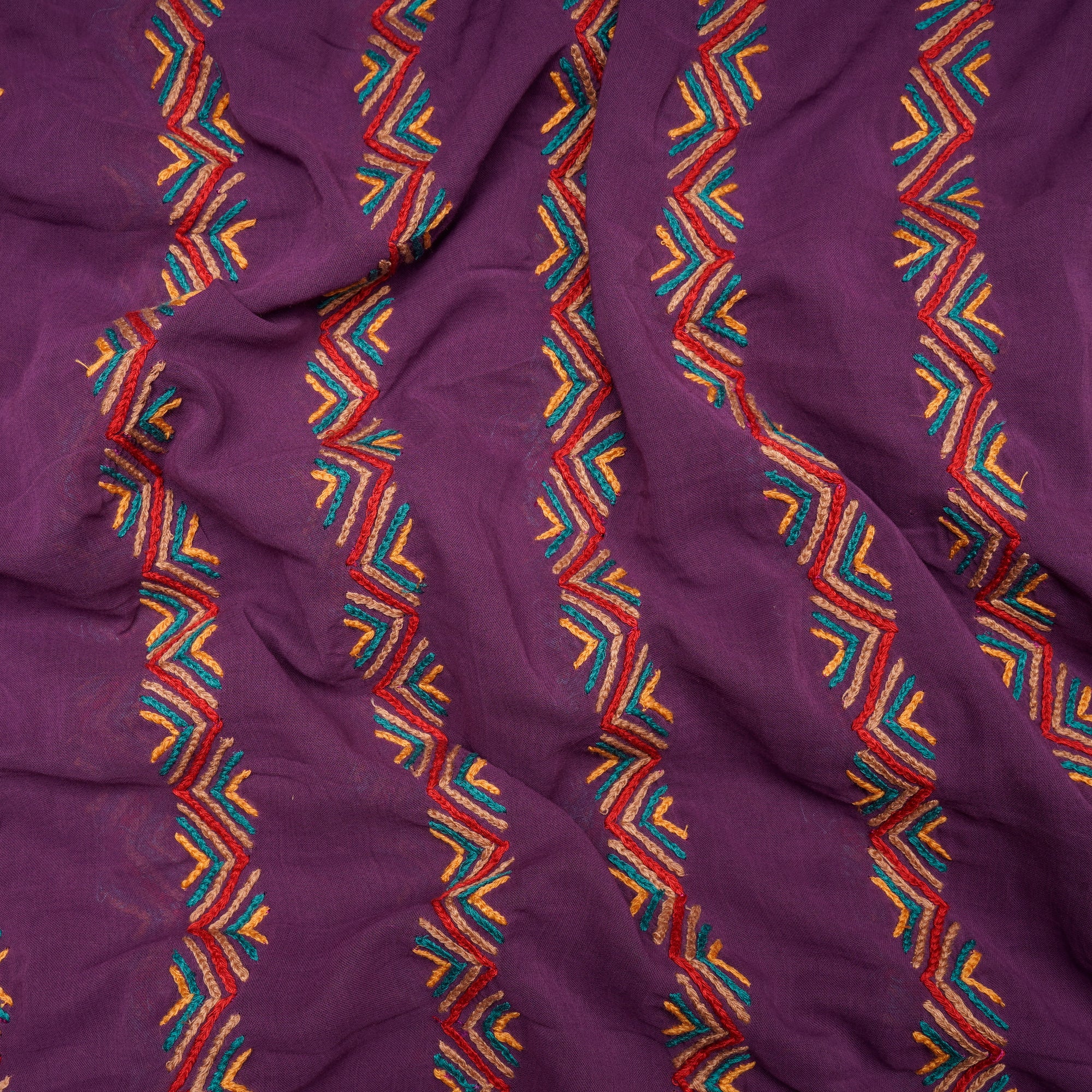 (Pre-Cut 4.70 Mtr)Purple Stripe Pattern Thread Embroidered Cotton Fabric