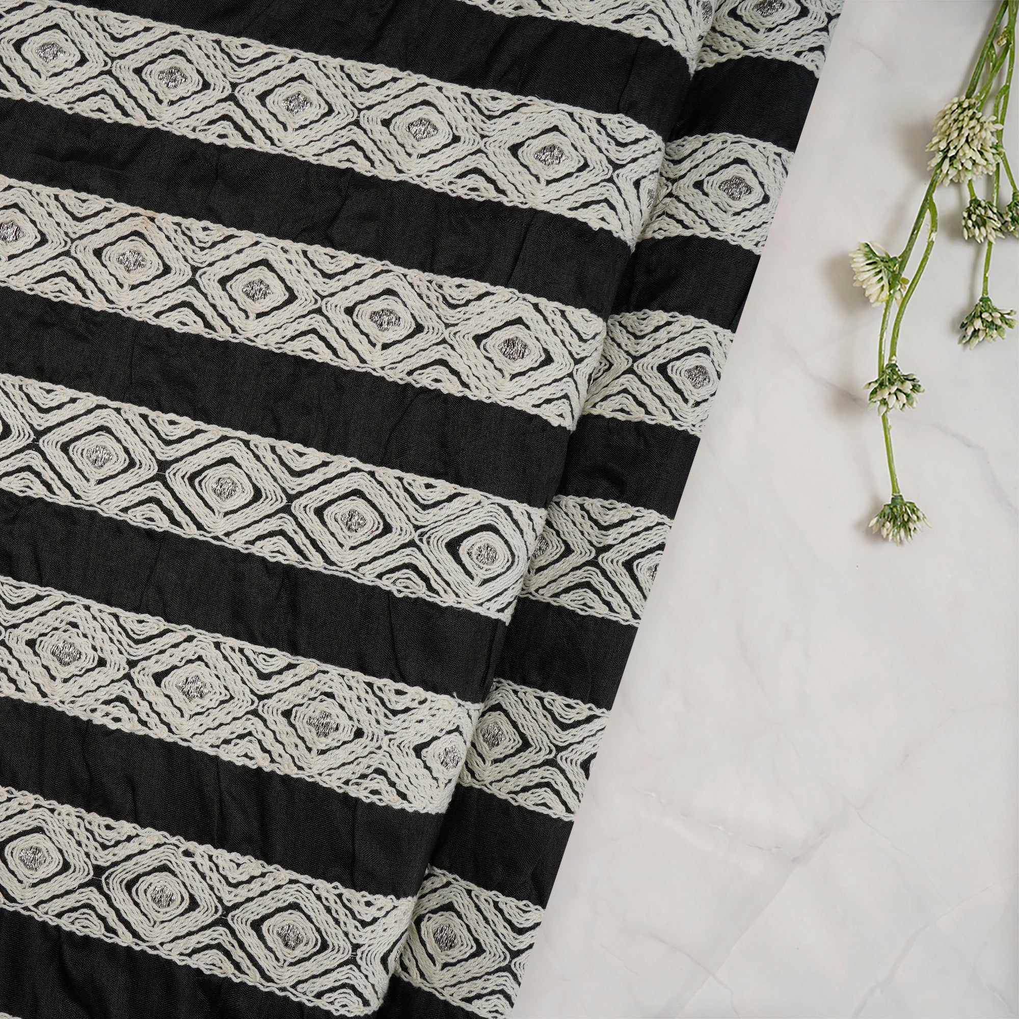 (Pre-Cut 2.30 Mtr) Black-White Stripe Pattern Thread Embroidered Polyester Fabric