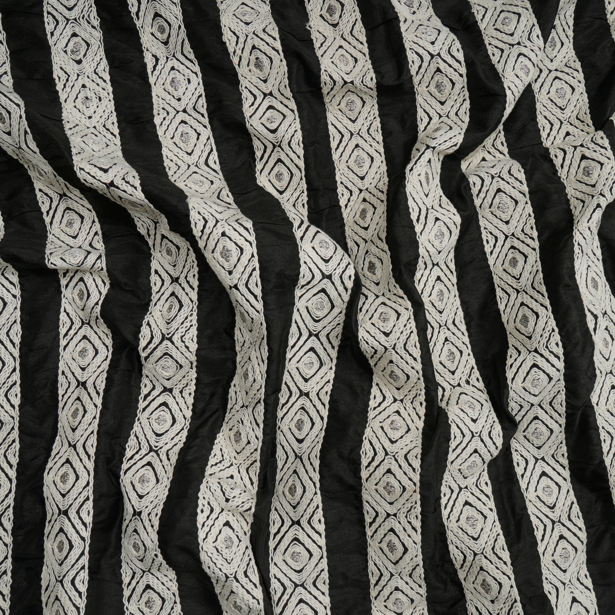 (Pre-Cut 2.30 Mtr) Black-White Stripe Pattern Thread Embroidered Polyester Fabric