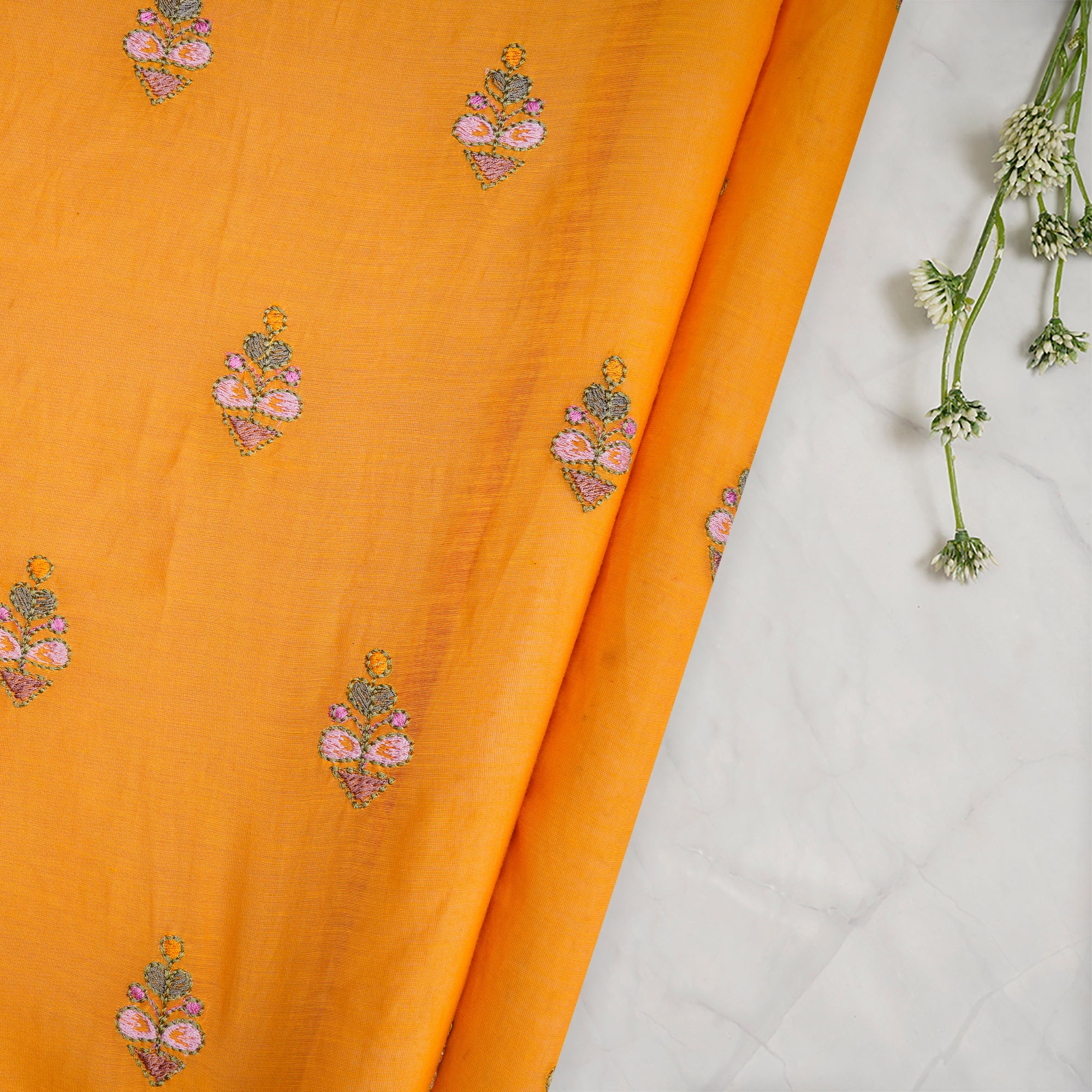 (Pre-Cut 0.70 Mtr) Mustard Floral Motif Pattern Thread Embroidered Fine Chanderi Fabric