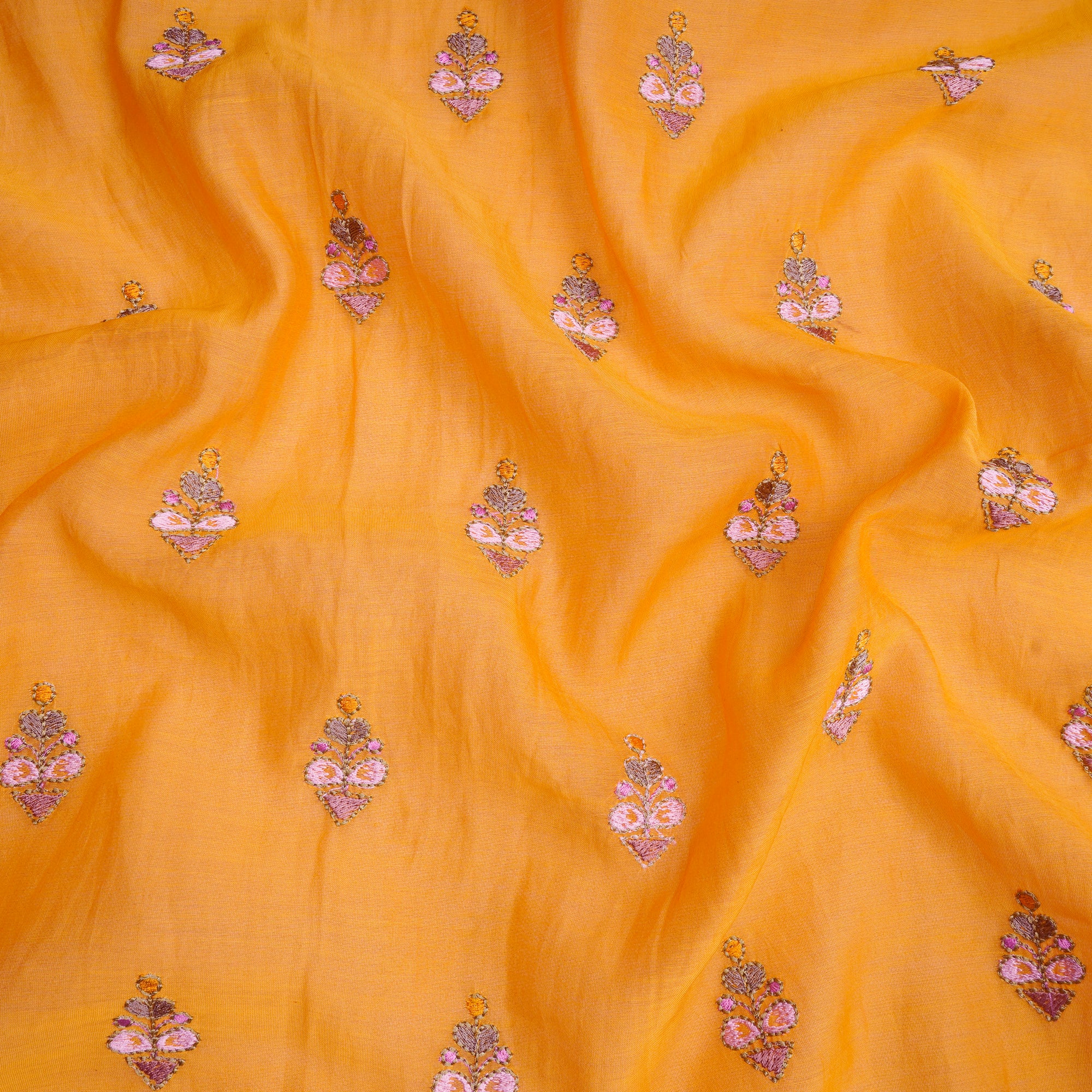 (Pre-Cut 0.70 Mtr) Mustard Floral Motif Pattern Thread Embroidered Fine Chanderi Fabric