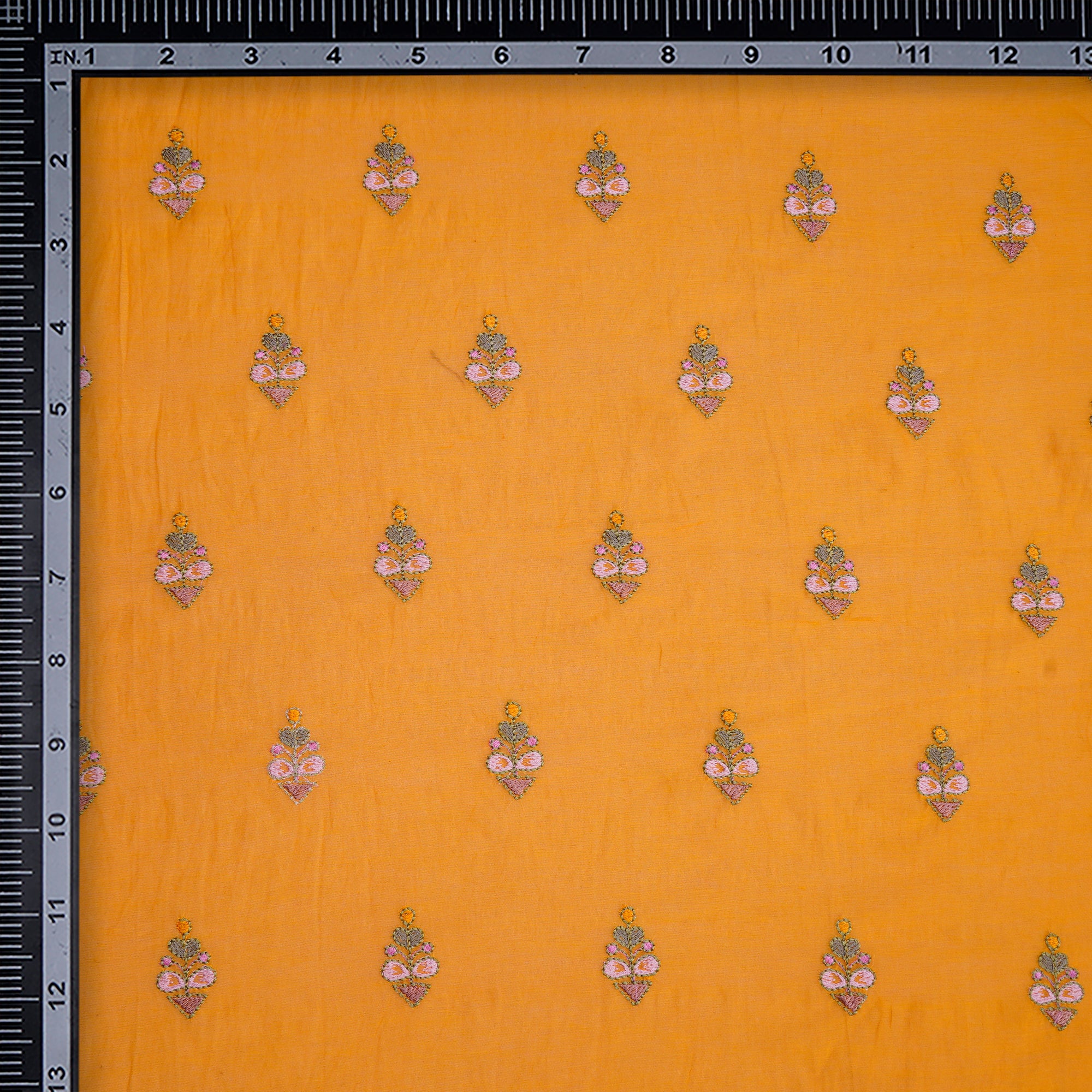 (Pre-Cut 0.70 Mtr) Mustard Floral Motif Pattern Thread Embroidered Fine Chanderi Fabric