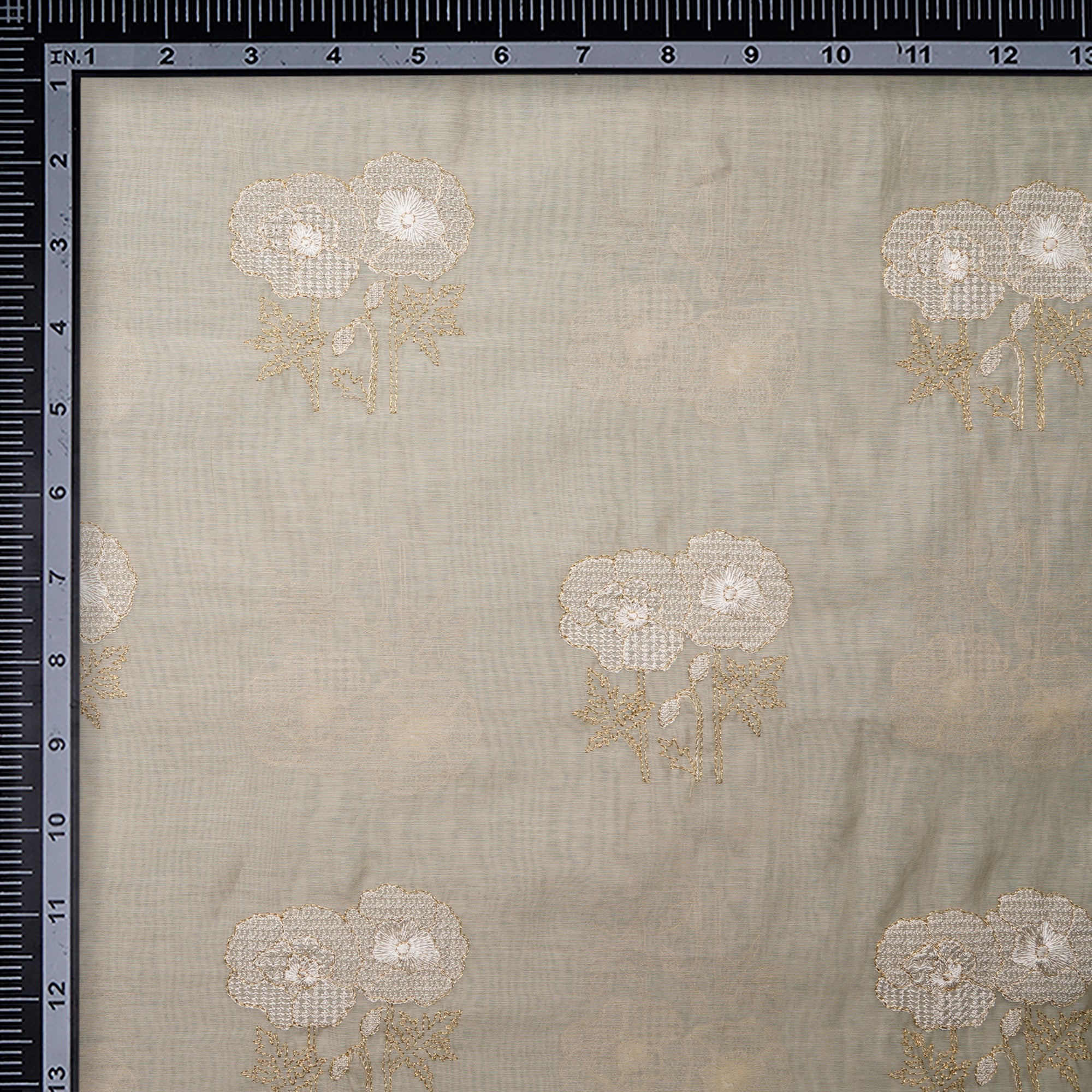 (Pre-Cut 1.10 Mtr) Oatmeal Floral Motif Pattern Thread & Zari Embroidered Fine Chanderi Fabric