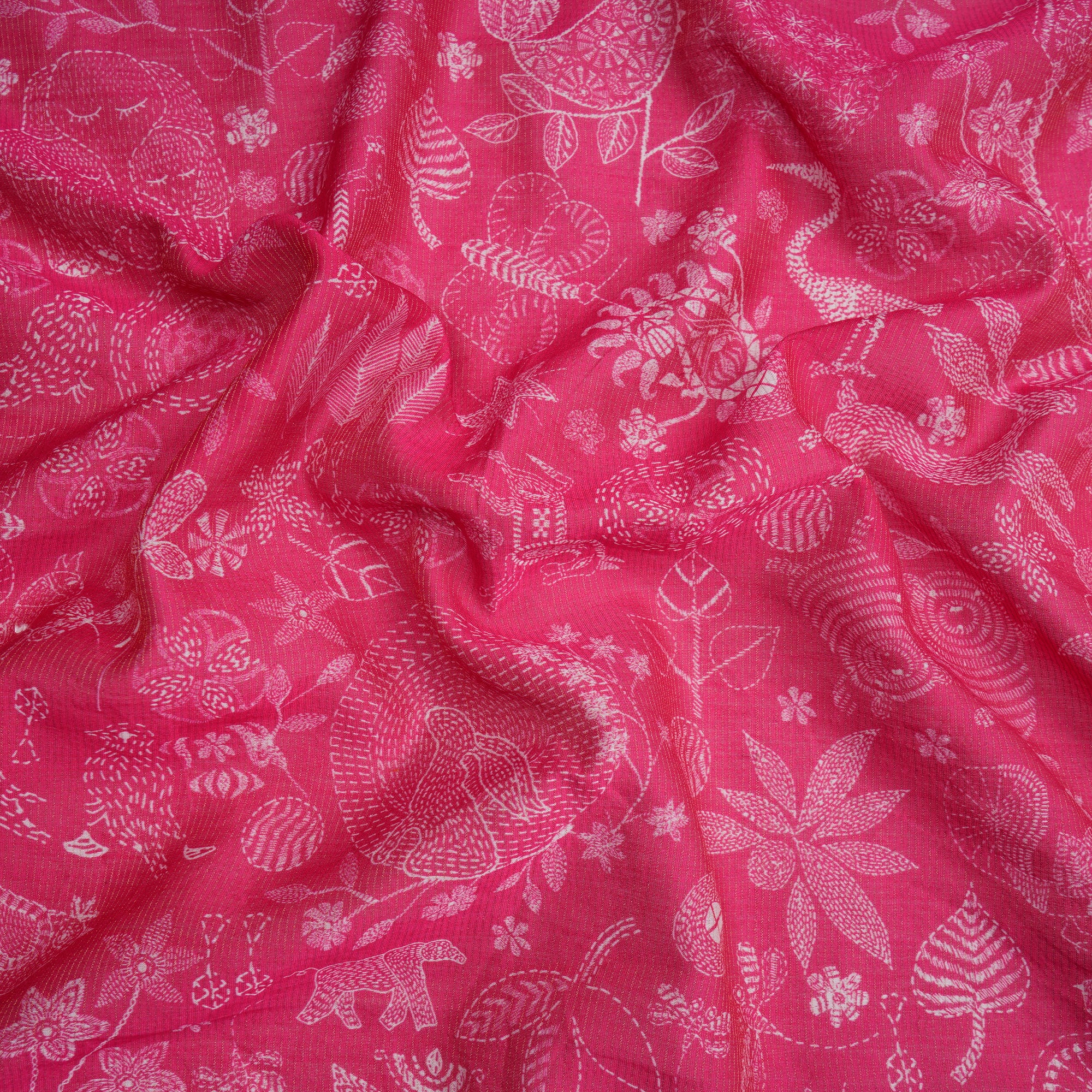 (Pre-Cut 1.35 Mtr) Bright Rose All Over Pattern Digital Printed Fine Chanderi Fabric