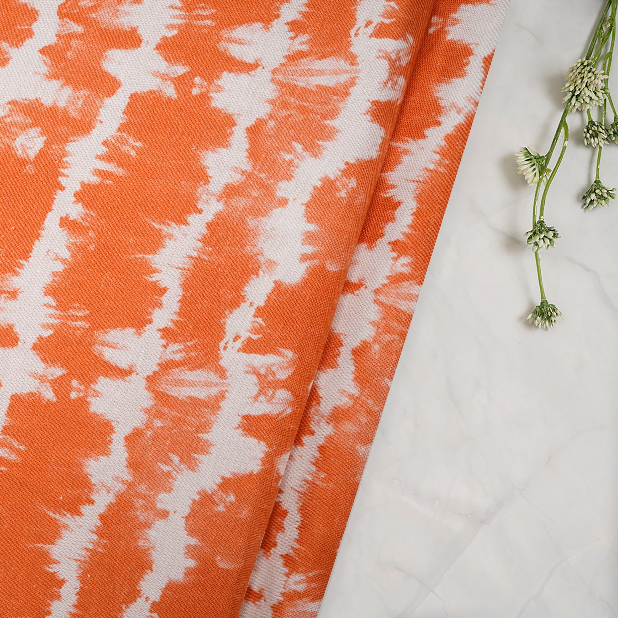 (Pre-Cut 0.80 Mtr)Orange-White Shibori Pattern Digital Print Fancy Linen Fabric