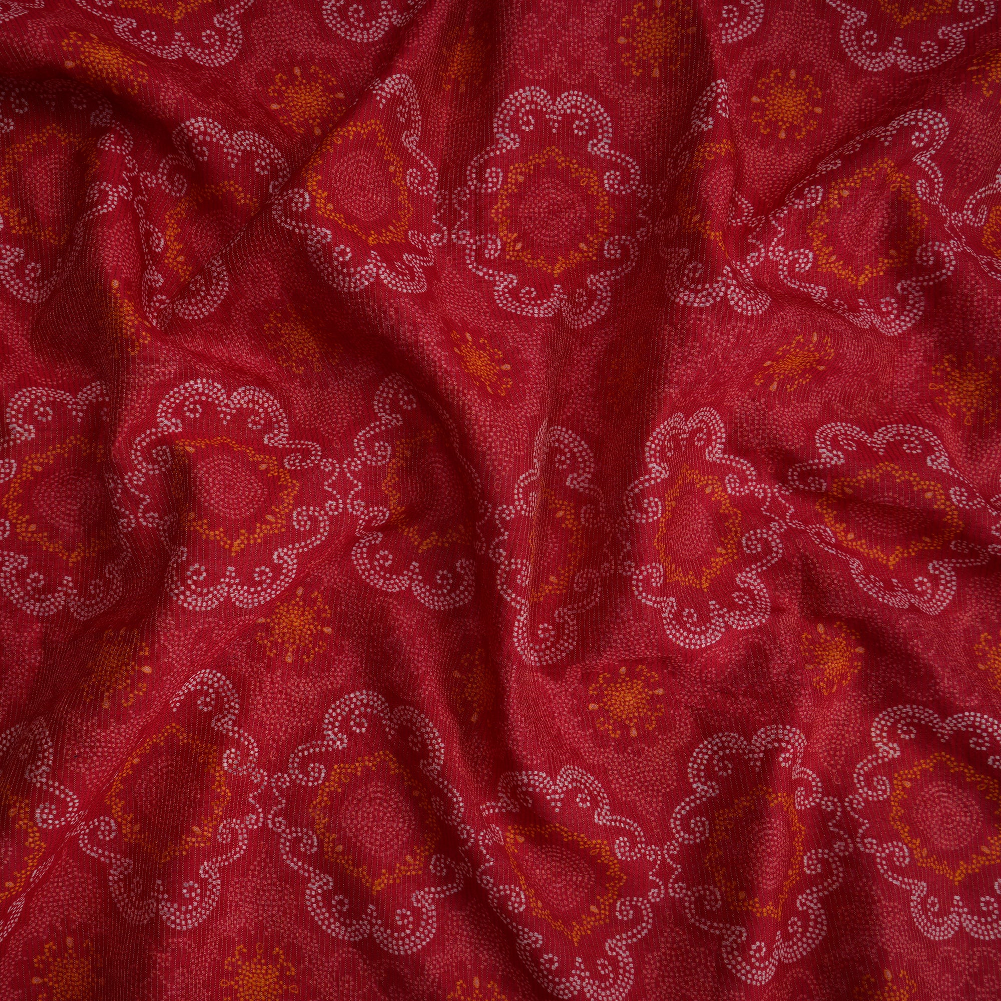 (Pre-Cut 1.10 Mtr)Red Bandhani Pattern Digital Printed Fine Chanderi Fabric