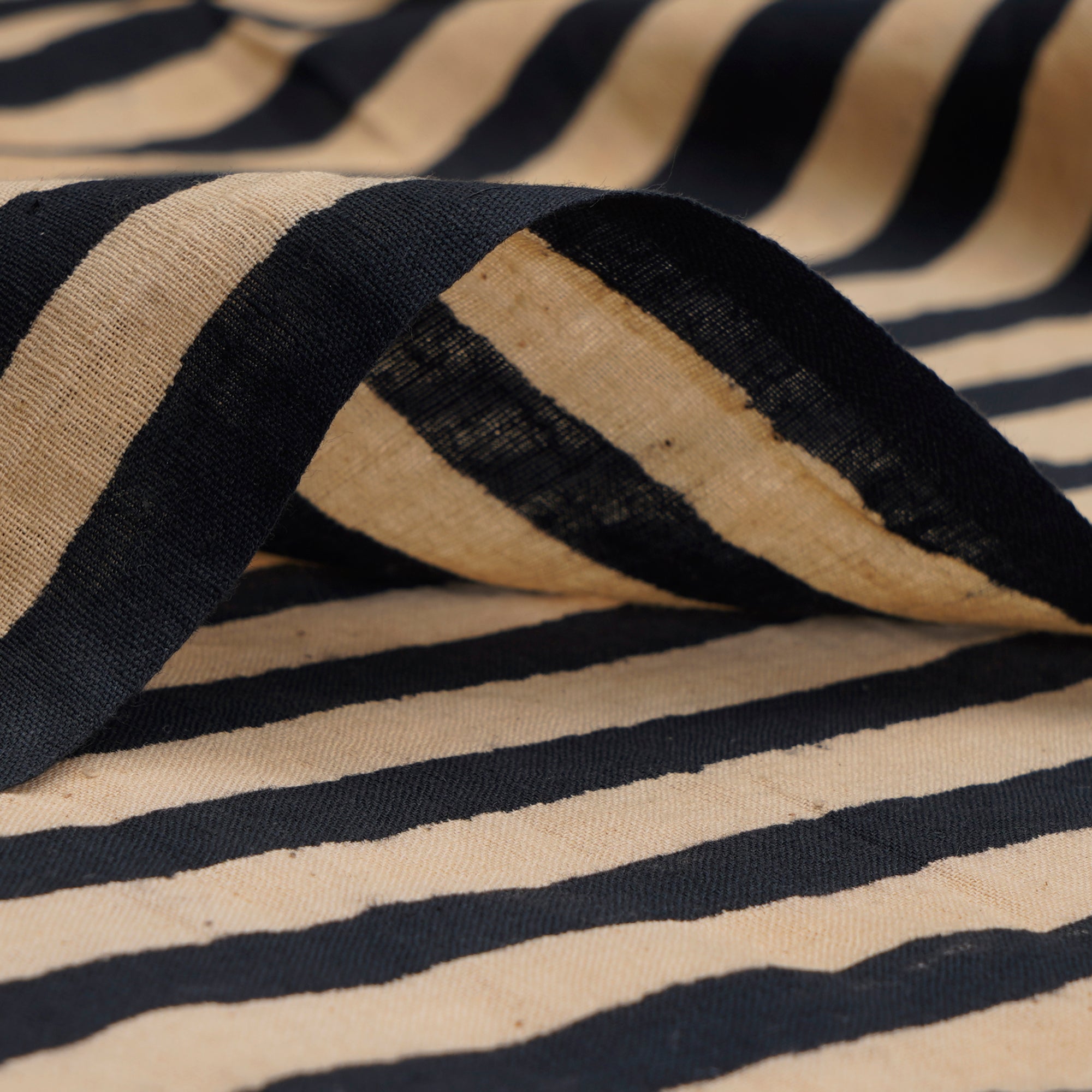 (Pre-Cut 1.35 Mtr) Black-Cream Stripe Pattern Cotton Flax Fabric