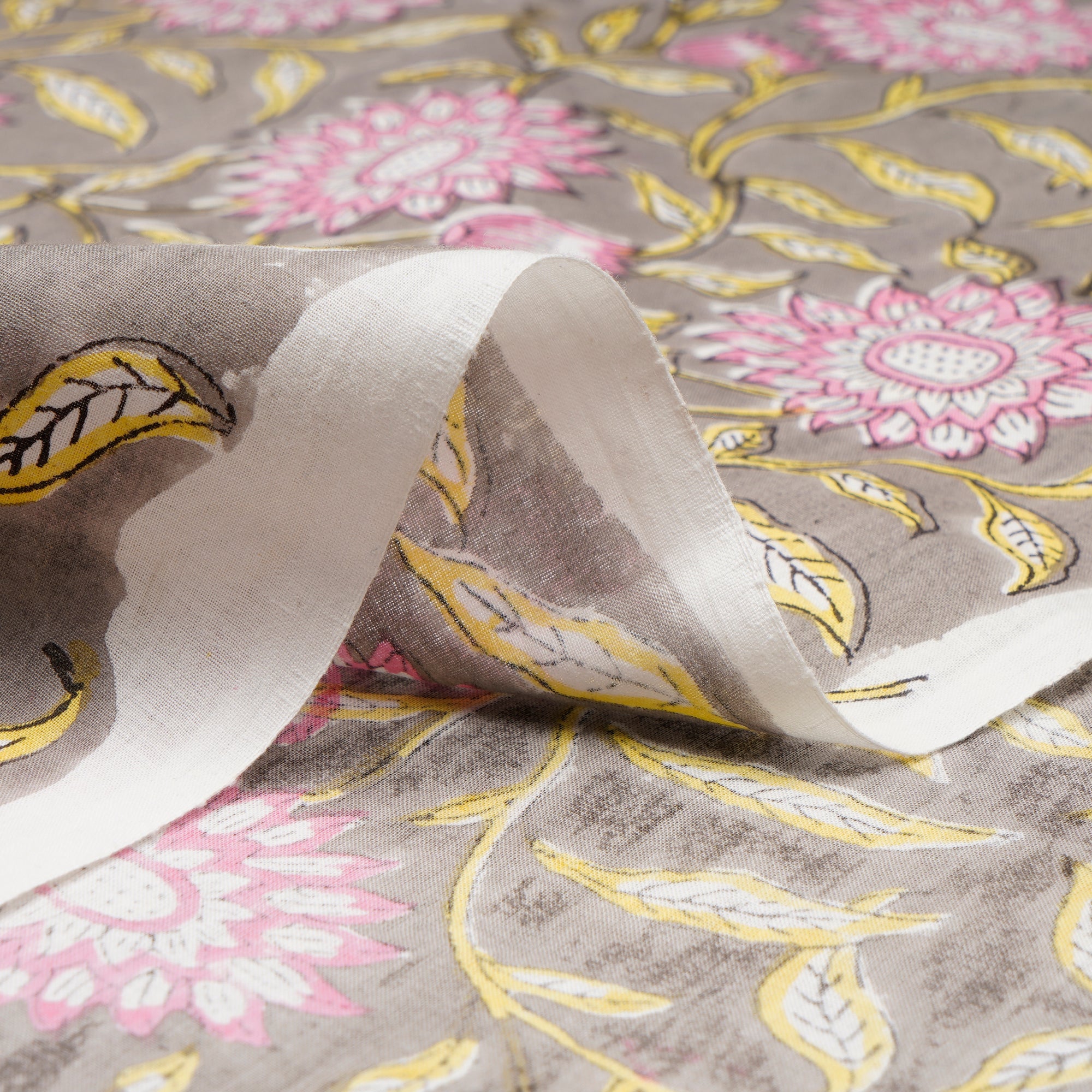(Pre-Cut 0.90Mtr)London Fog Floral Pattern Natural Dye Hand Block Bagru Printed Cotton Fabric