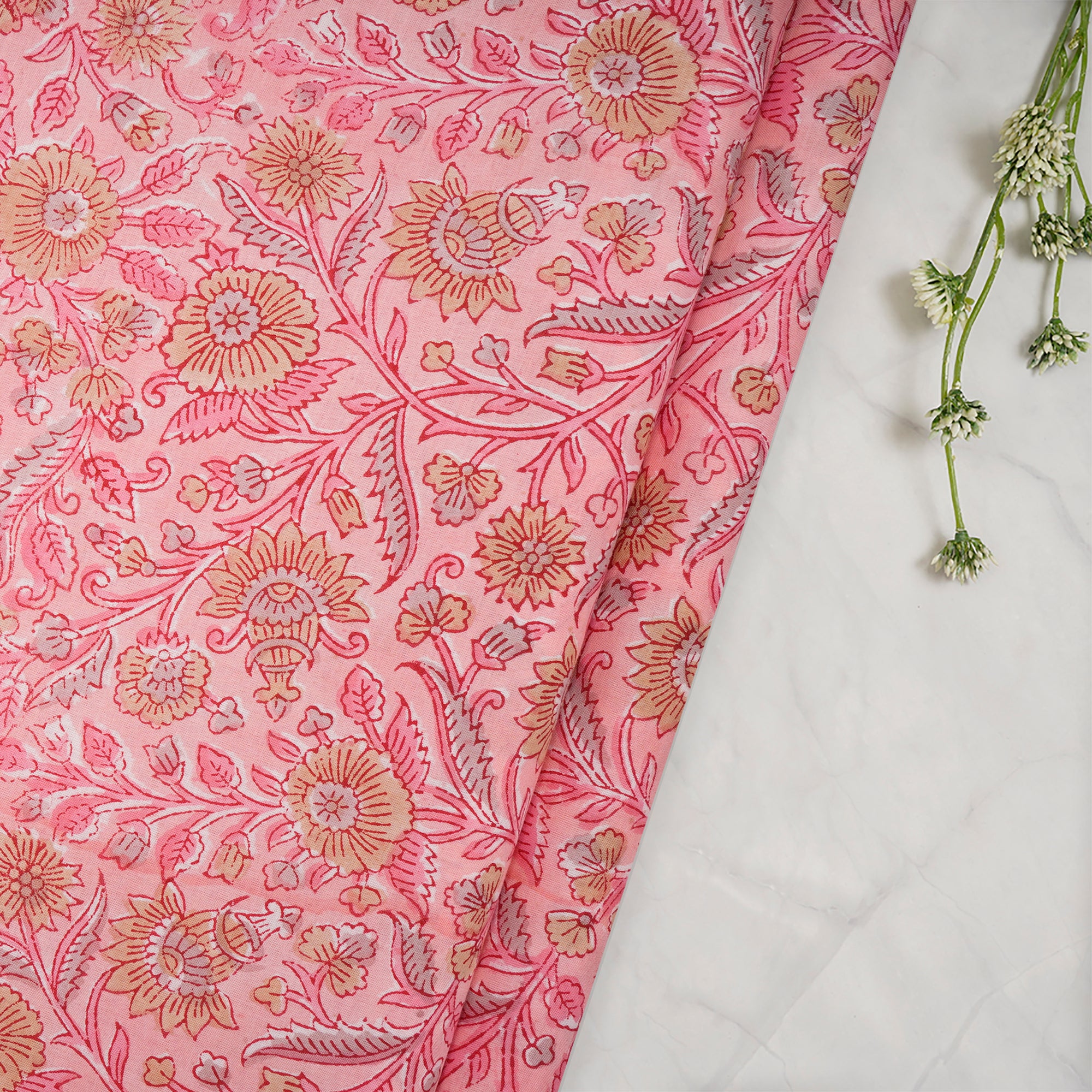 (Pre-Cut 2.00 Mtr) Gossamer Pink Floral Pattern Natural Dye Hand Block Bagru Printed Cotton Fabric