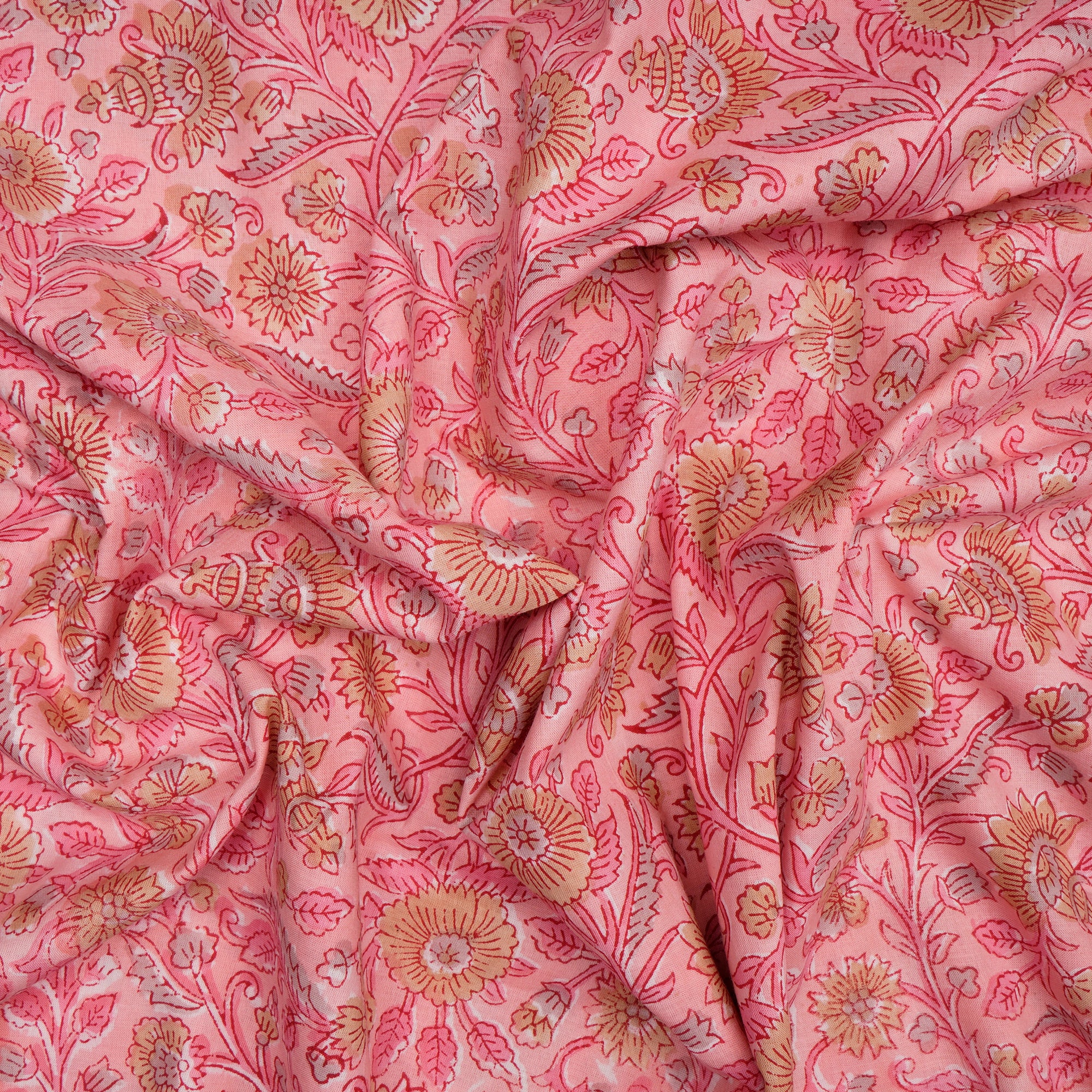 (Pre-Cut 2.00 Mtr) Gossamer Pink Floral Pattern Natural Dye Hand Block Bagru Printed Cotton Fabric