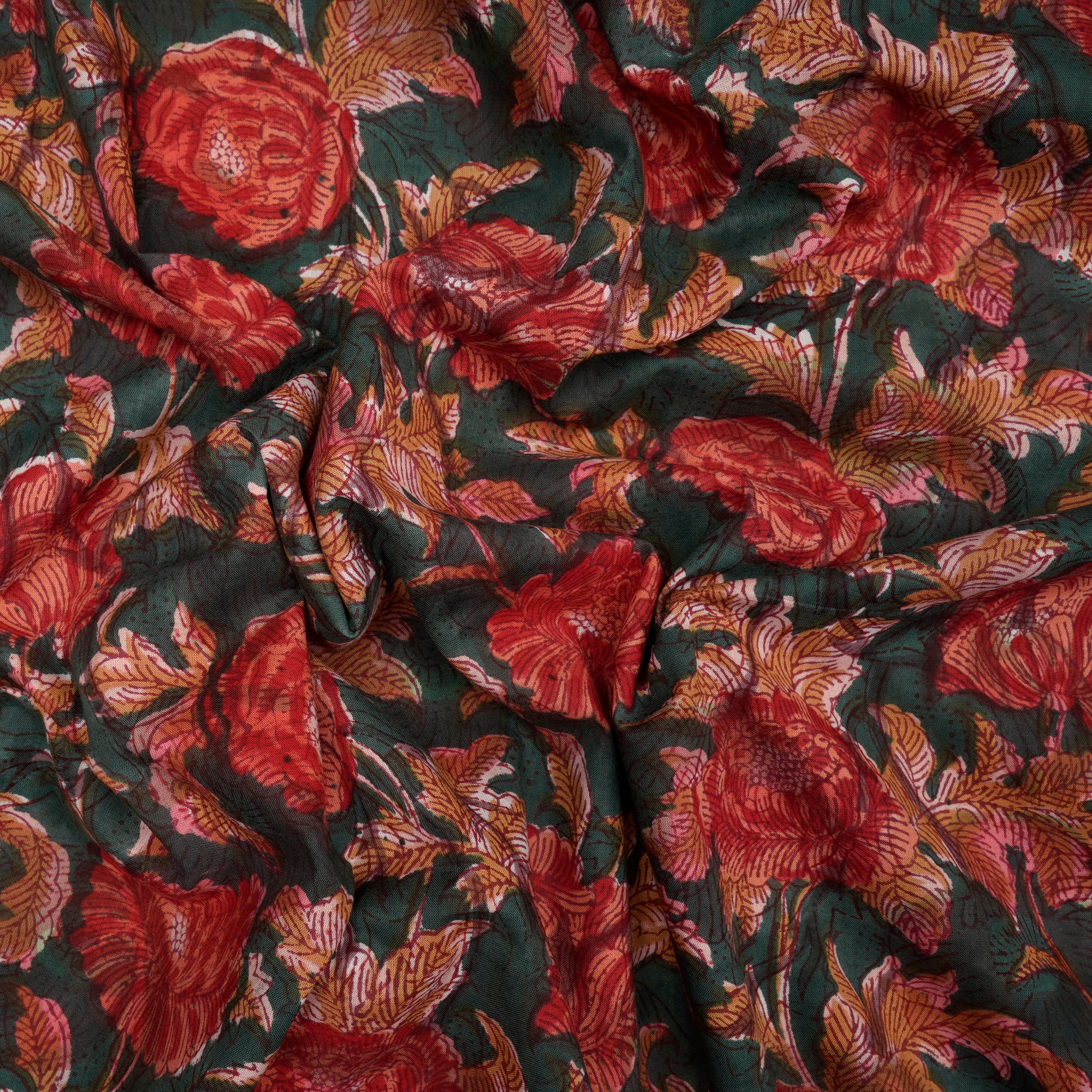 (Pre-Cut 4.10 Mtr)Dark Green Floral Pattern Natural Dye Hand Block Bagru Printed Cotton Fabric