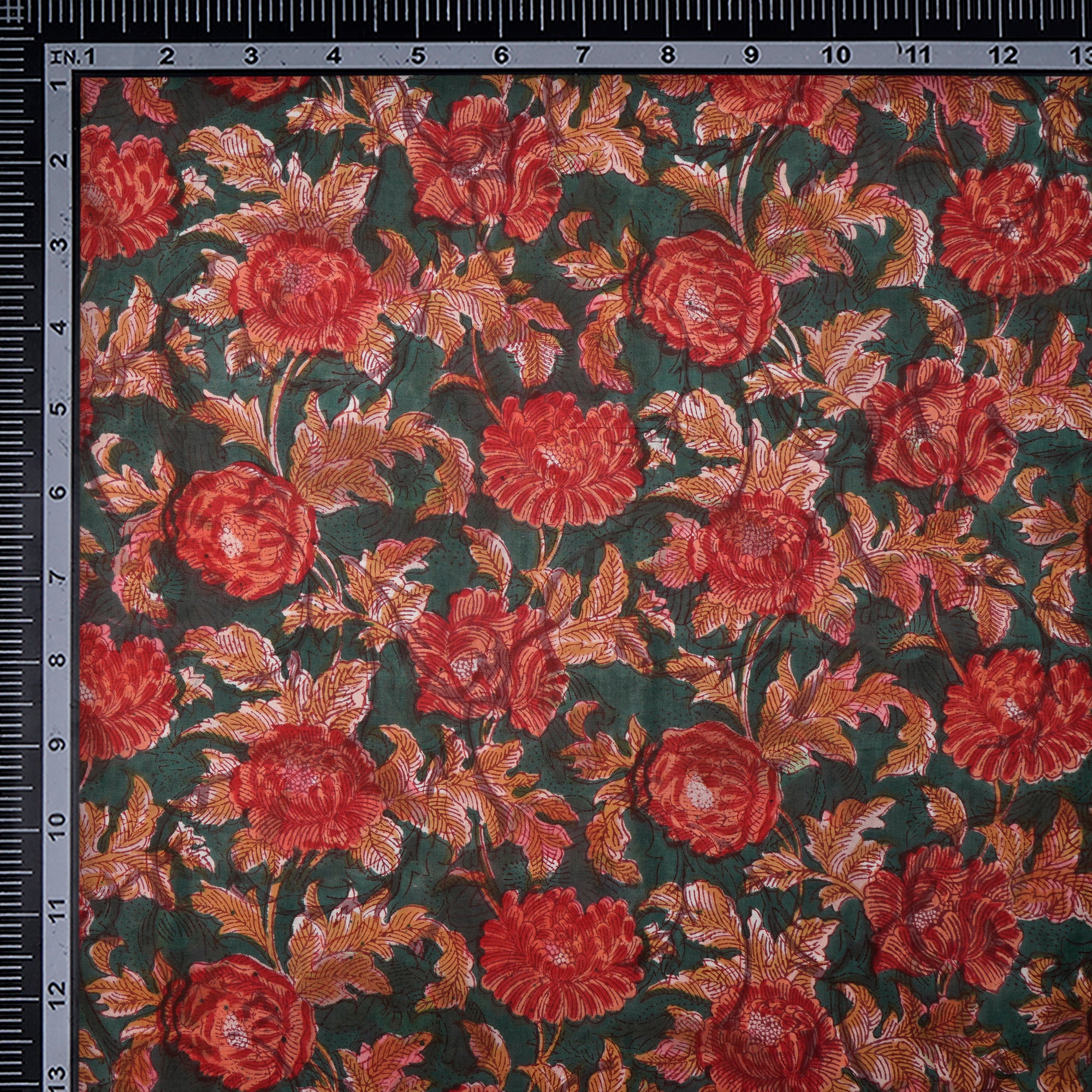 (Pre-Cut 4.10 Mtr)Dark Green Floral Pattern Natural Dye Hand Block Bagru Printed Cotton Fabric