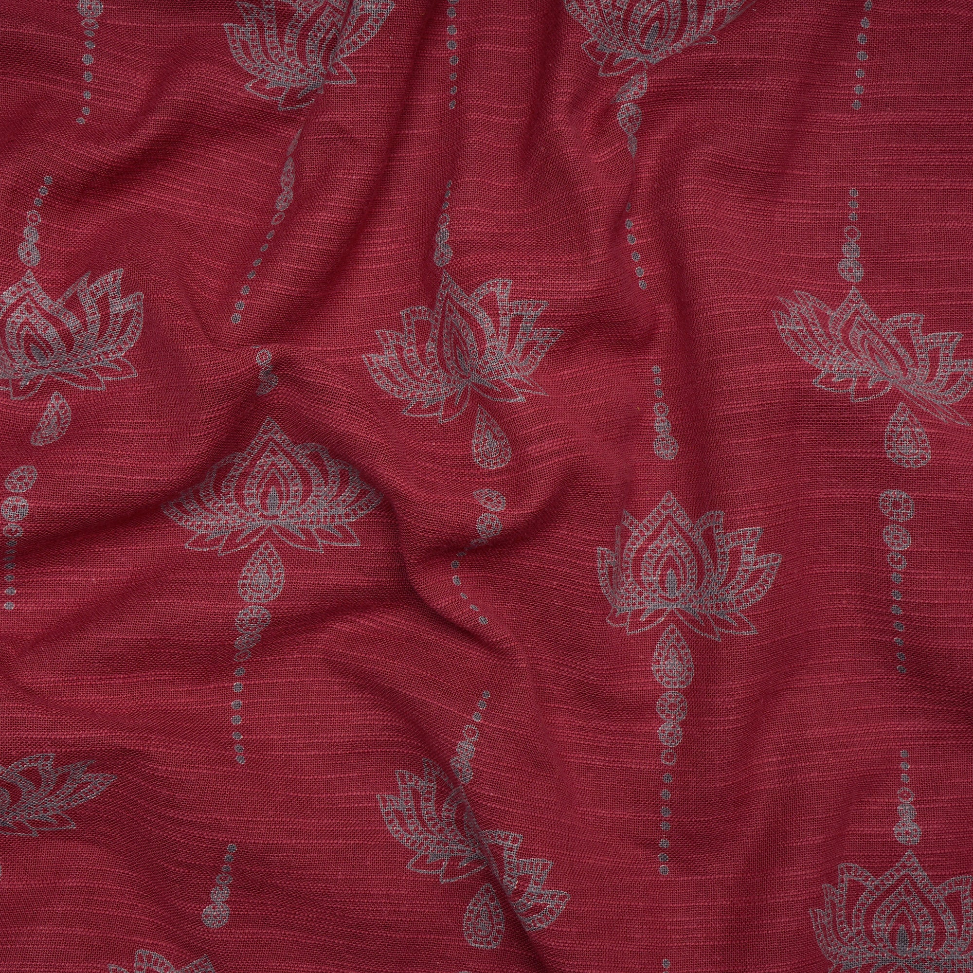 (Pre-Cut 2.20 Mtr) Karanda Red All Over Pattern Screen Printed Cotton Slub Fabric