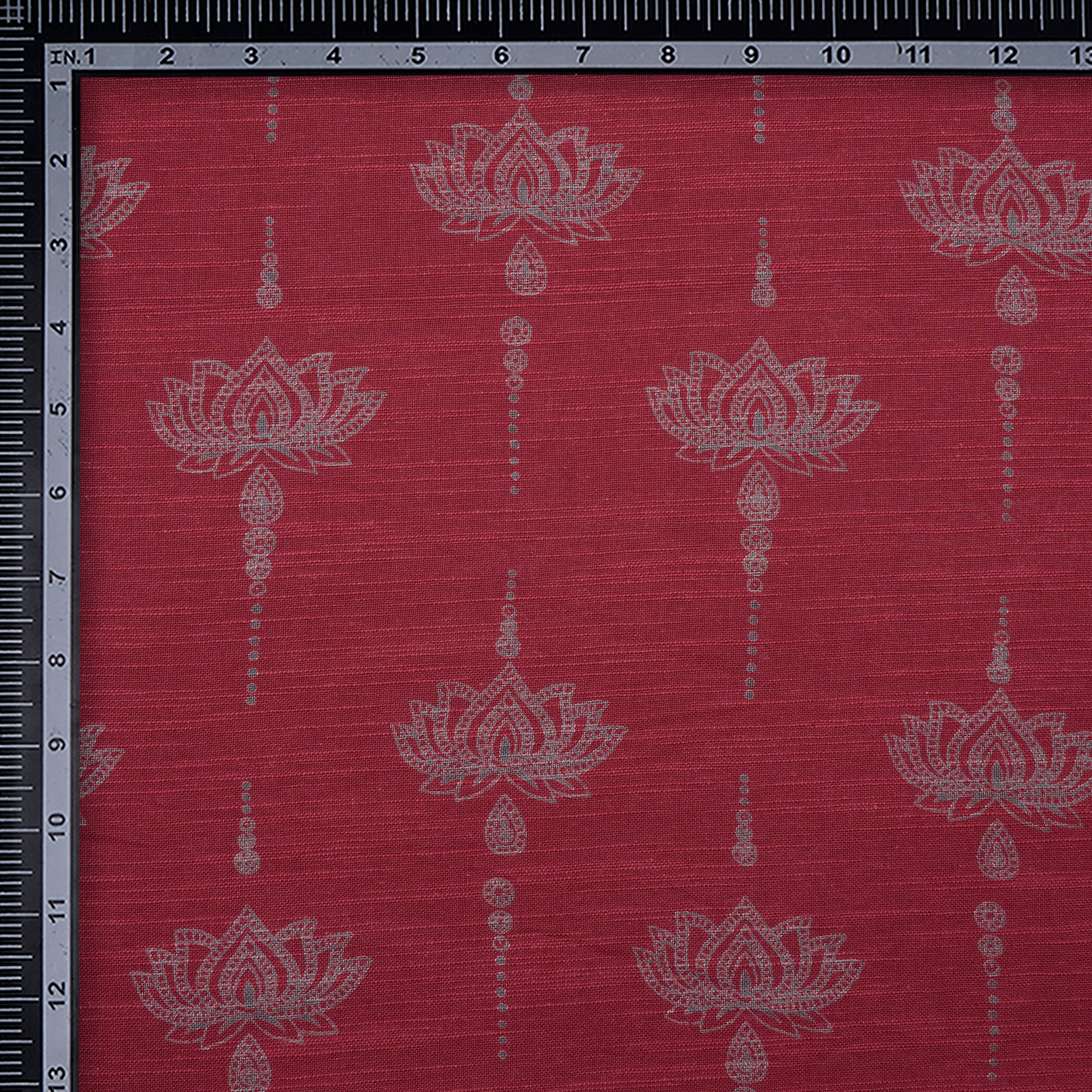 (Pre-Cut 2.20 Mtr) Karanda Red All Over Pattern Screen Printed Cotton Slub Fabric