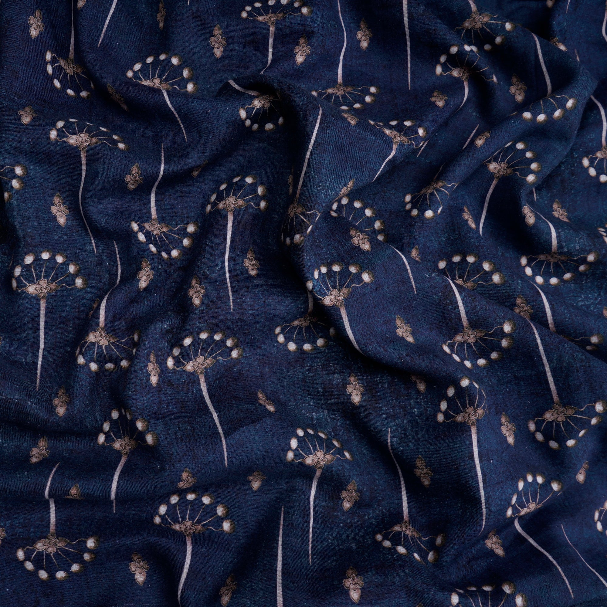 (Pre-Cut 4.40 Mtr) Navy Blue All Over Pattern Digital Printed Linen Fabric