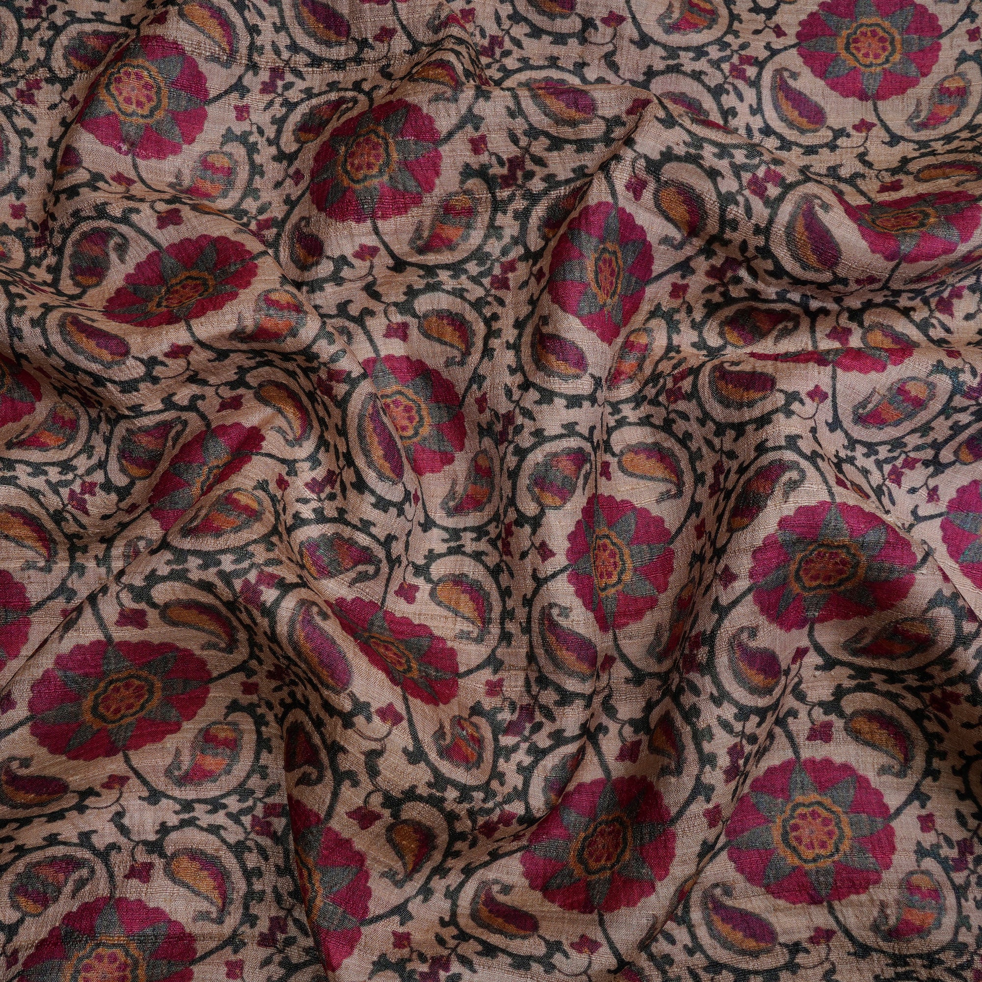 (Pre-Cut 2.05 Mtr)Beige-Pink Floral Pattern Digital Printed Silk Fabric