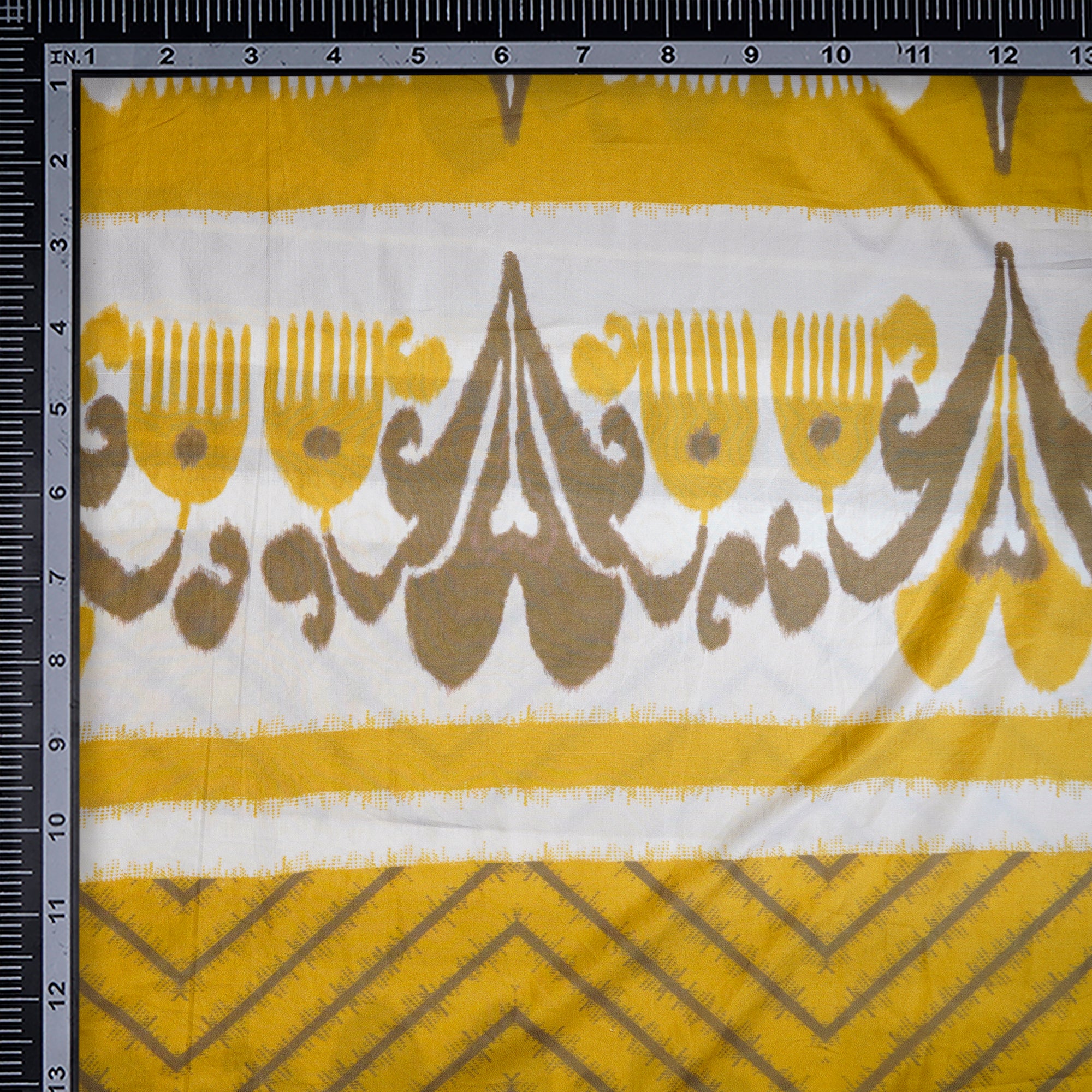 (Pre-Cut 3.10 Mtr)Off White-Yellow All Over Pattern Digital Print Pure Silk Fabric