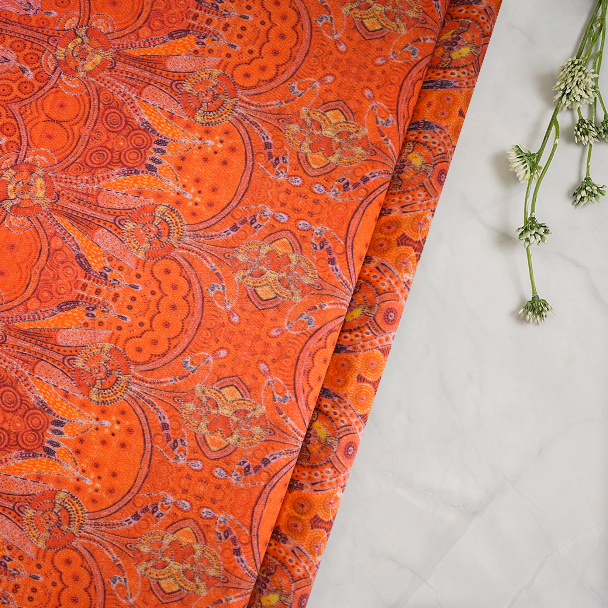 (Pre-Cut 3.30 Mtr) Orange All Over Pattern Digital Printed High Twisted Cotton Voile Fabric