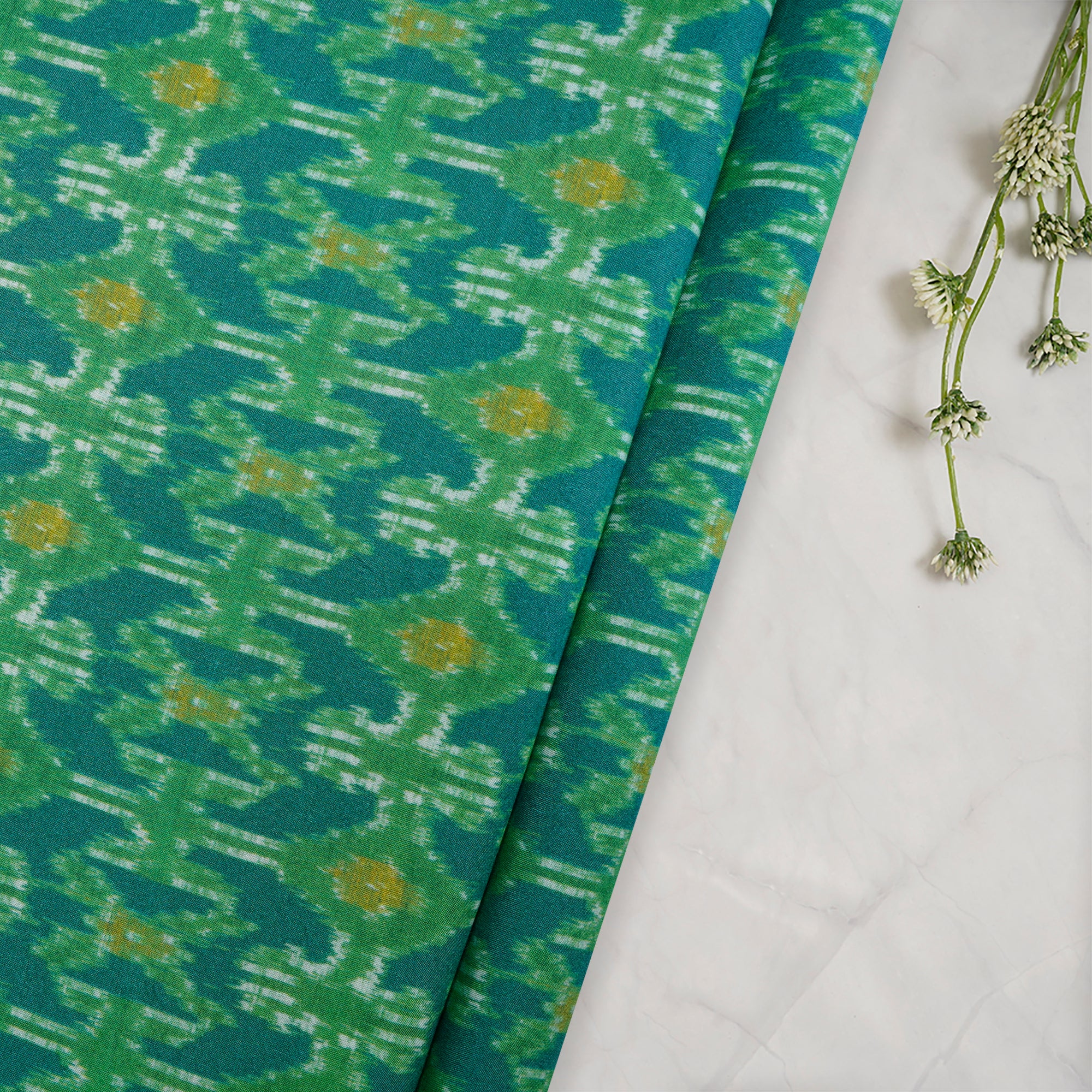 (Pre-Cut 1.30 Mtr) Green Ikat Pattern Digital Printed Viscose Fabric