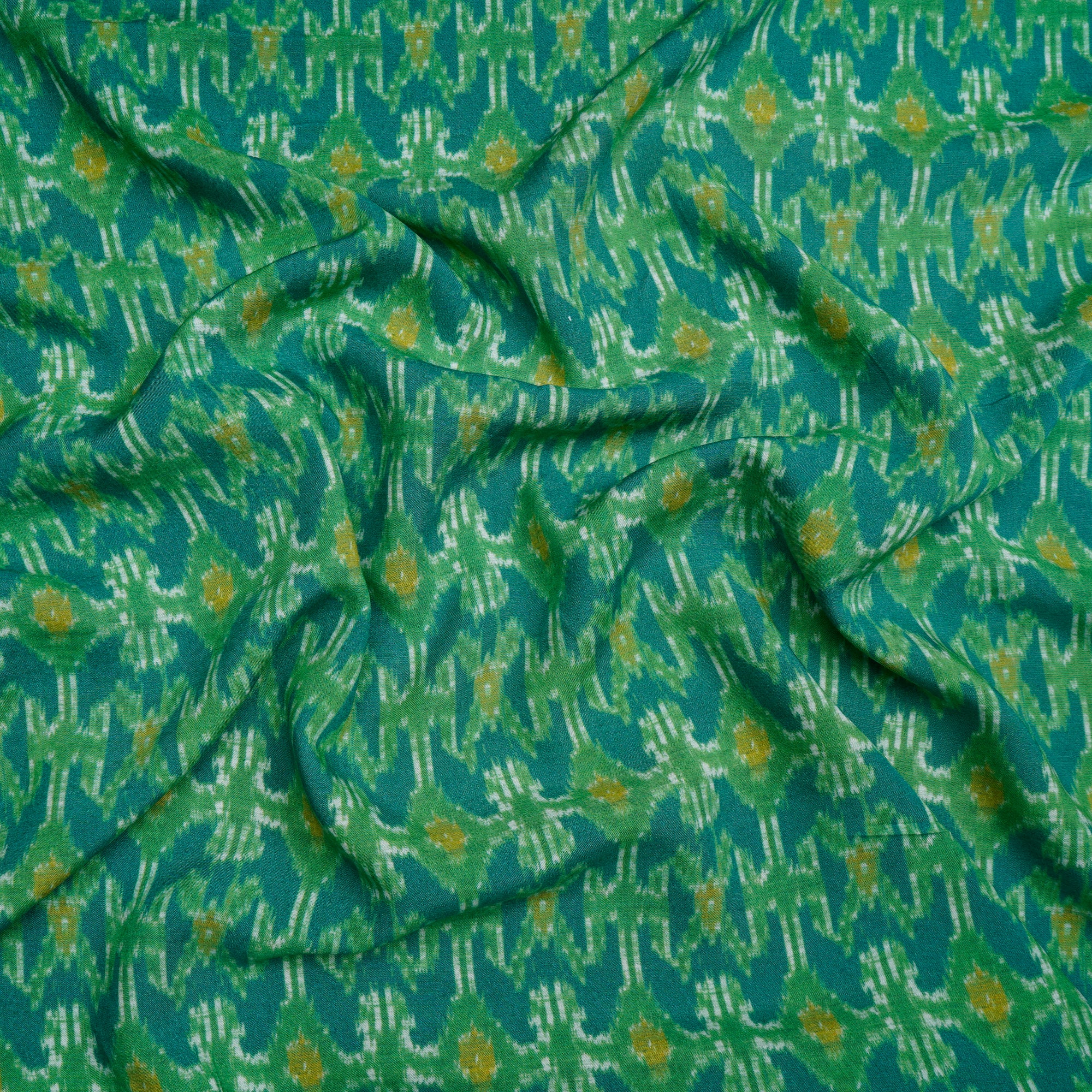 (Pre-Cut 1.30 Mtr) Green Ikat Pattern Digital Printed Viscose Fabric