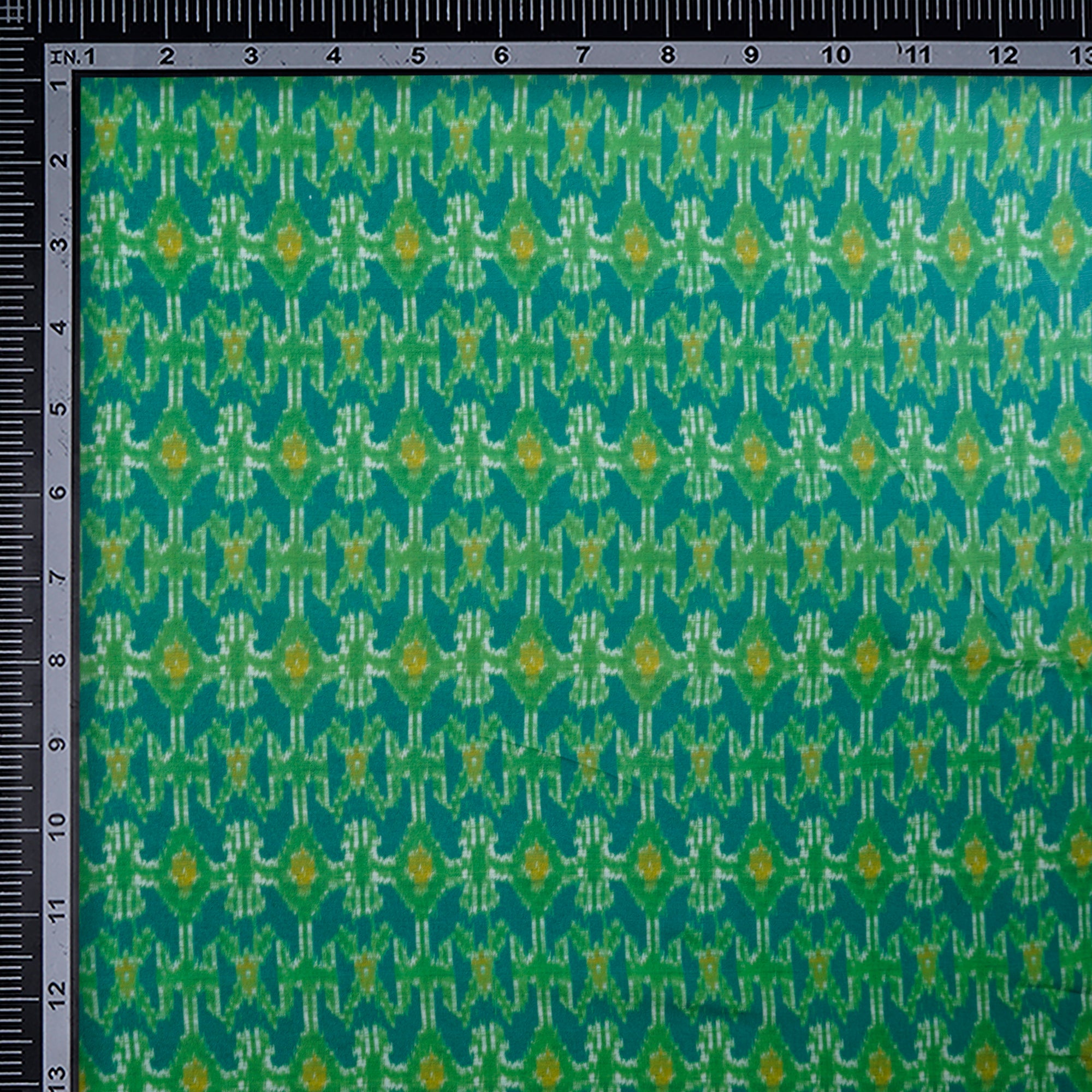 (Pre-Cut 1.30 Mtr) Green Ikat Pattern Digital Printed Viscose Fabric