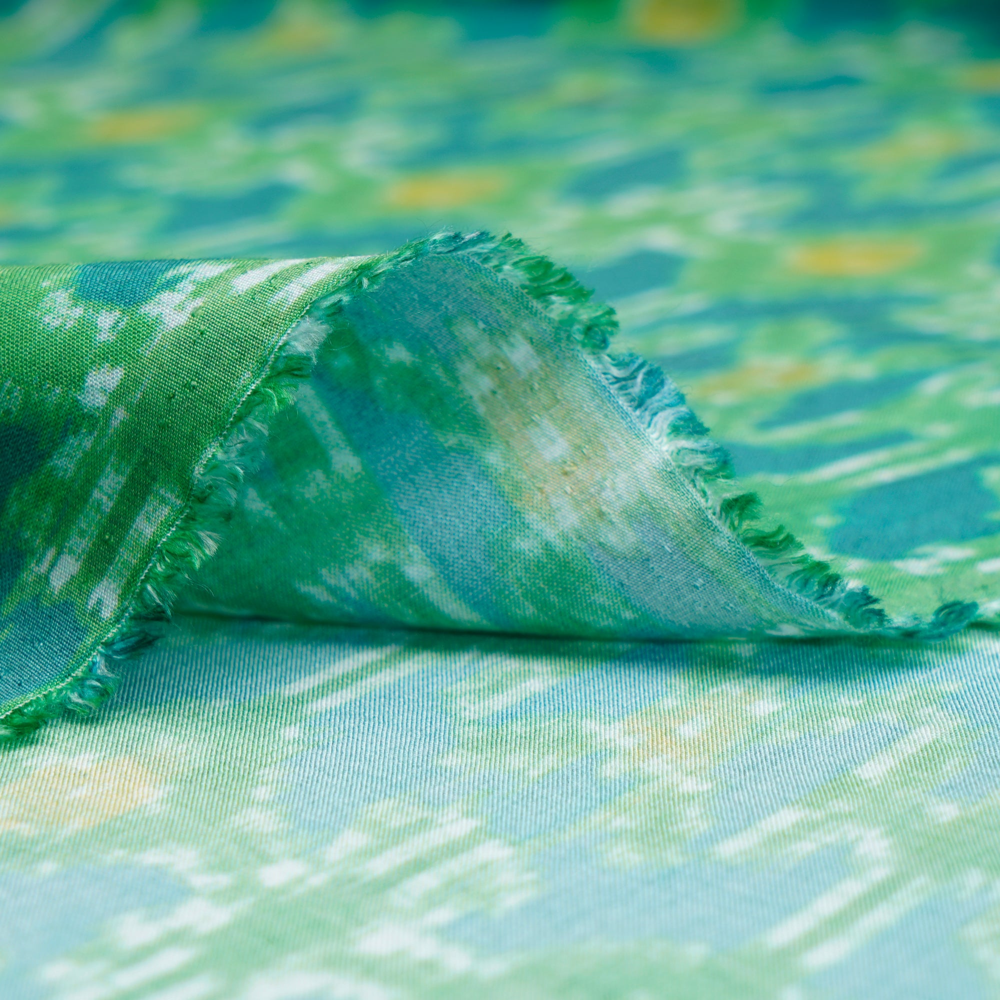 (Pre-Cut 1.30 Mtr) Green Ikat Pattern Digital Printed Viscose Fabric