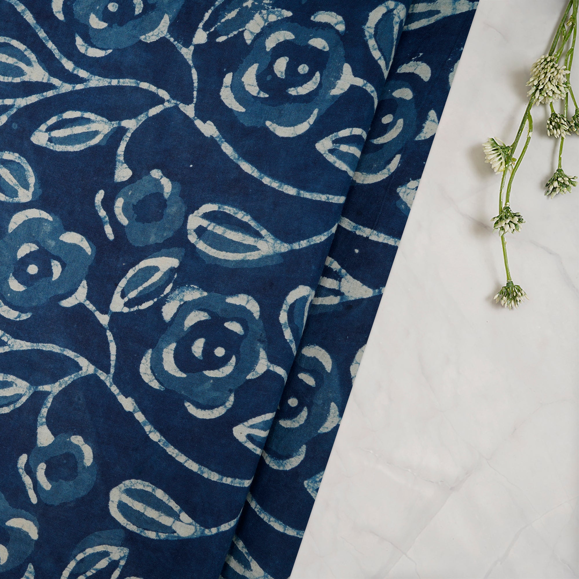 (Pre-Cut 0.50Mtr)Blue Hand Block Bagru Natural Dye Indigo Printed Cotton Fabric
