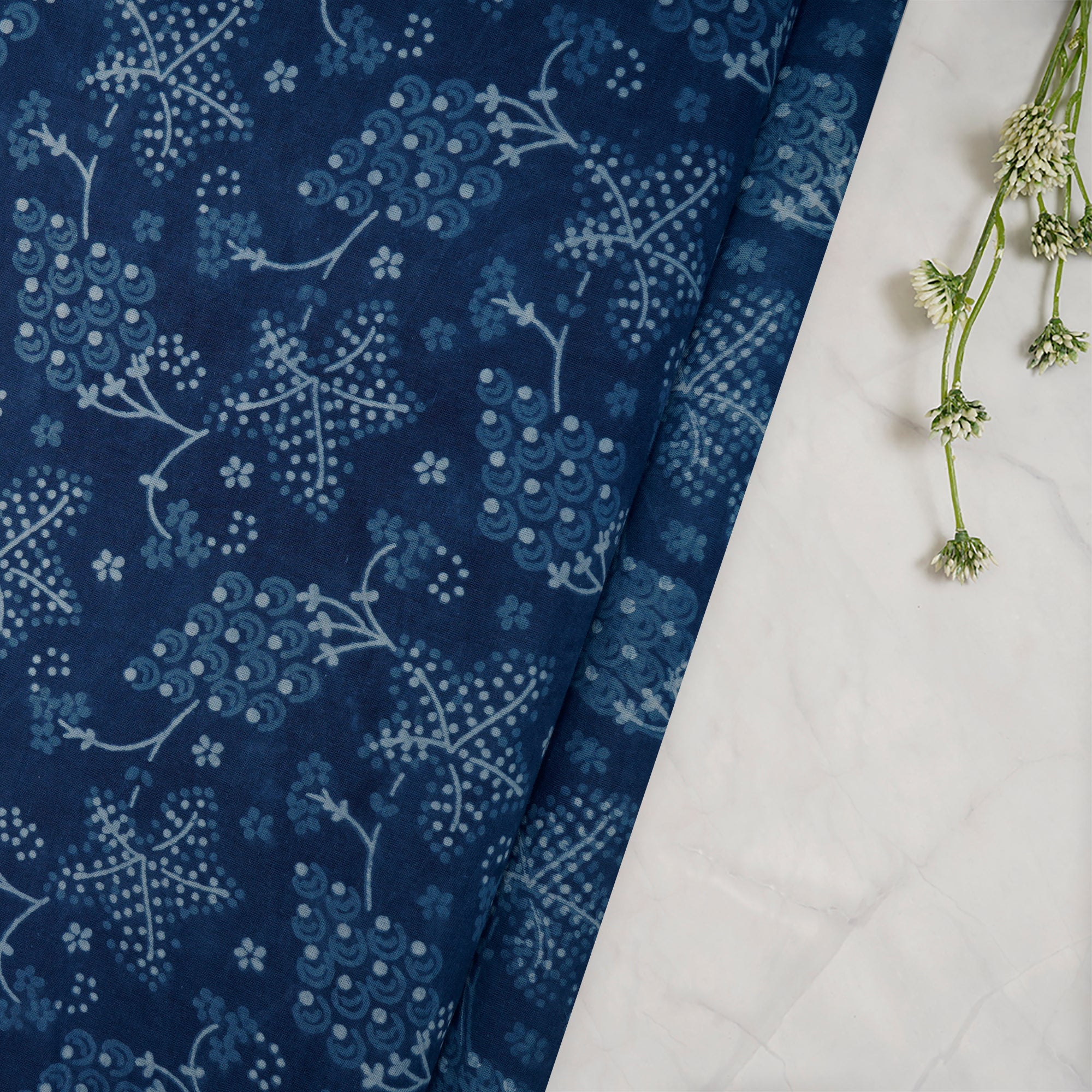 (Pre-Cut 1.00 Mtr)Blue Hand Block Bagru Natural Dye Indigo Printed Cotton Fabricprecuts&&2044