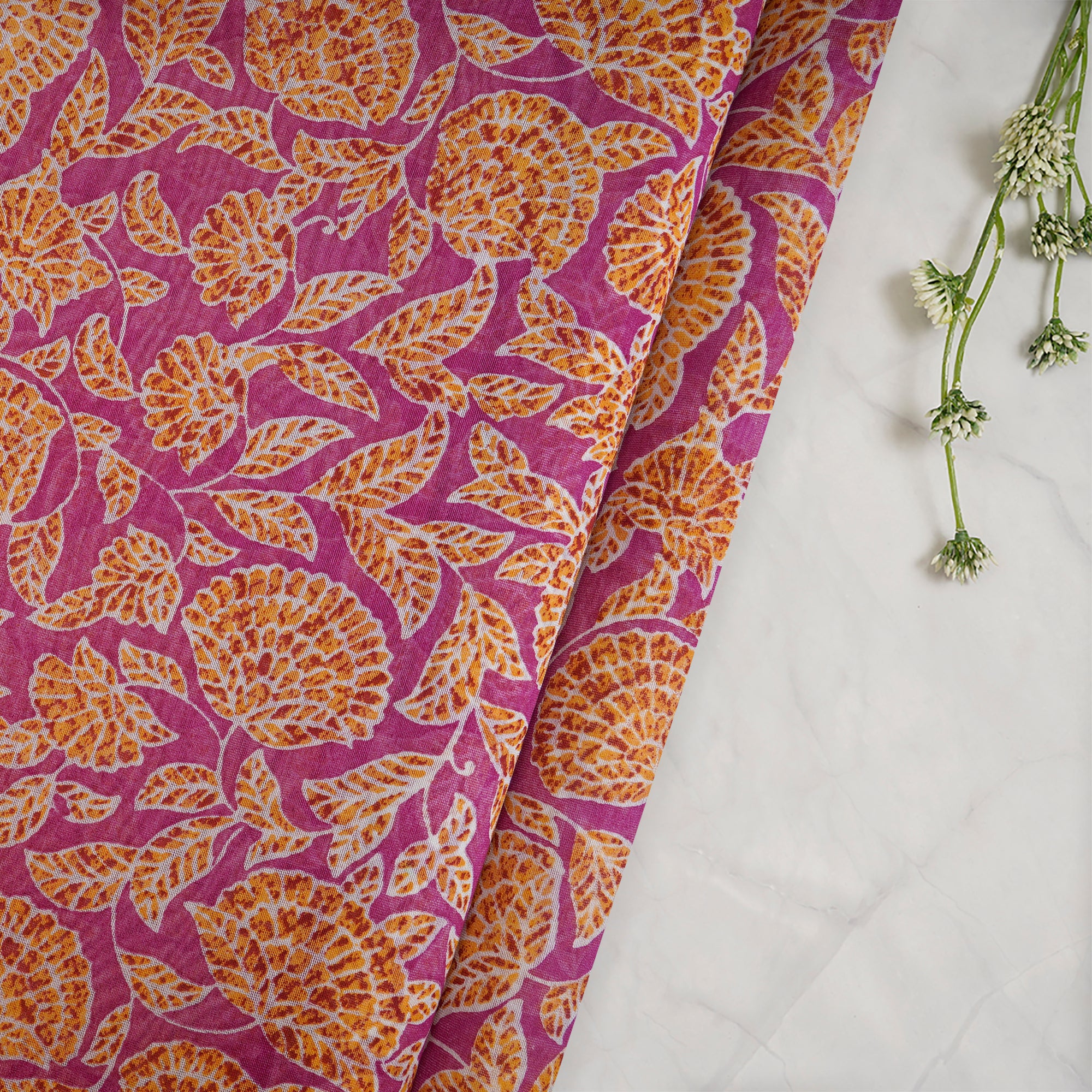 (Pre-Cut 3.10 Mtr)Hot Pink-Golden Yellow Floral Pattern Digital Printed Pure Chanderi Fabric