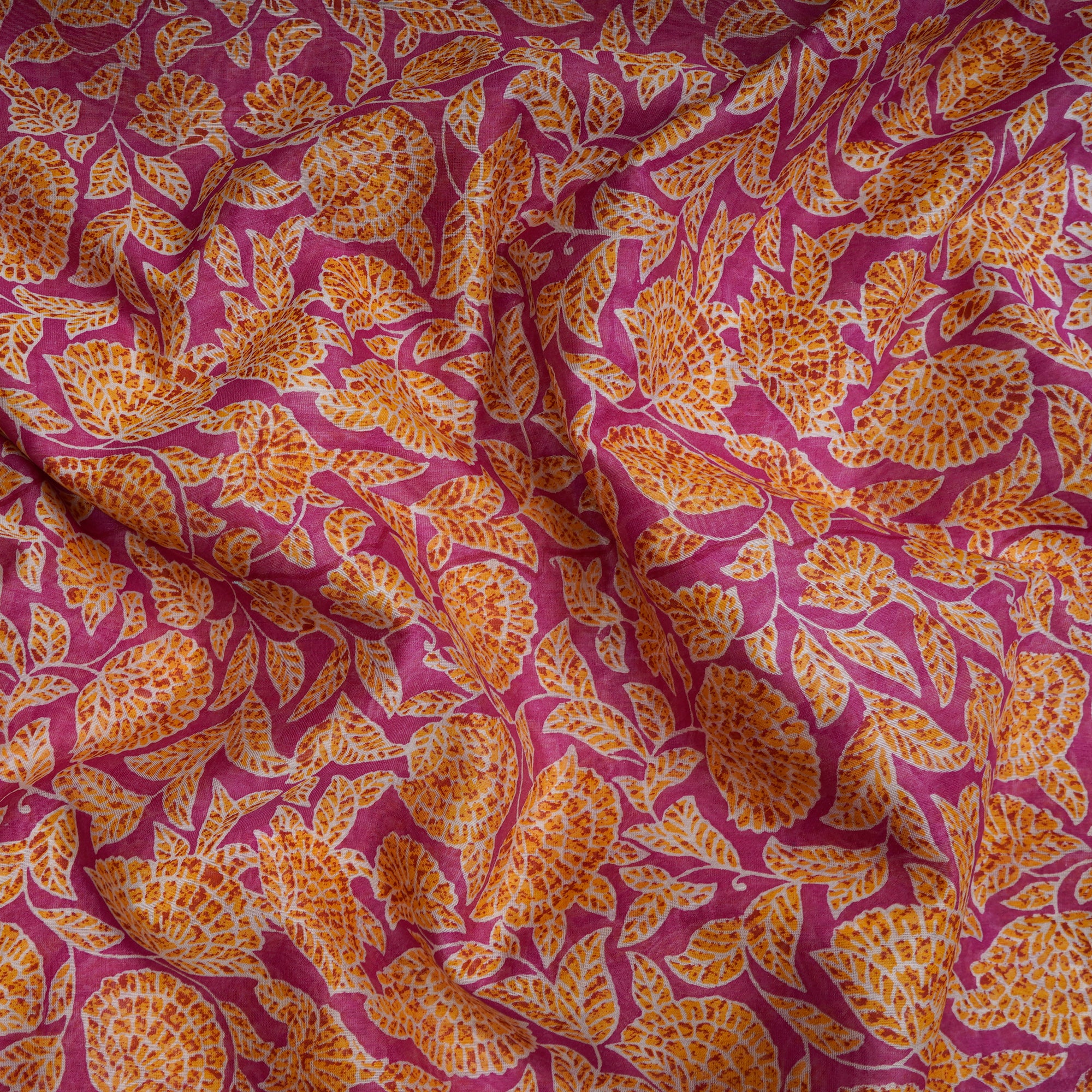 (Pre-Cut 3.10 Mtr)Hot Pink-Golden Yellow Floral Pattern Digital Printed Pure Chanderi Fabric