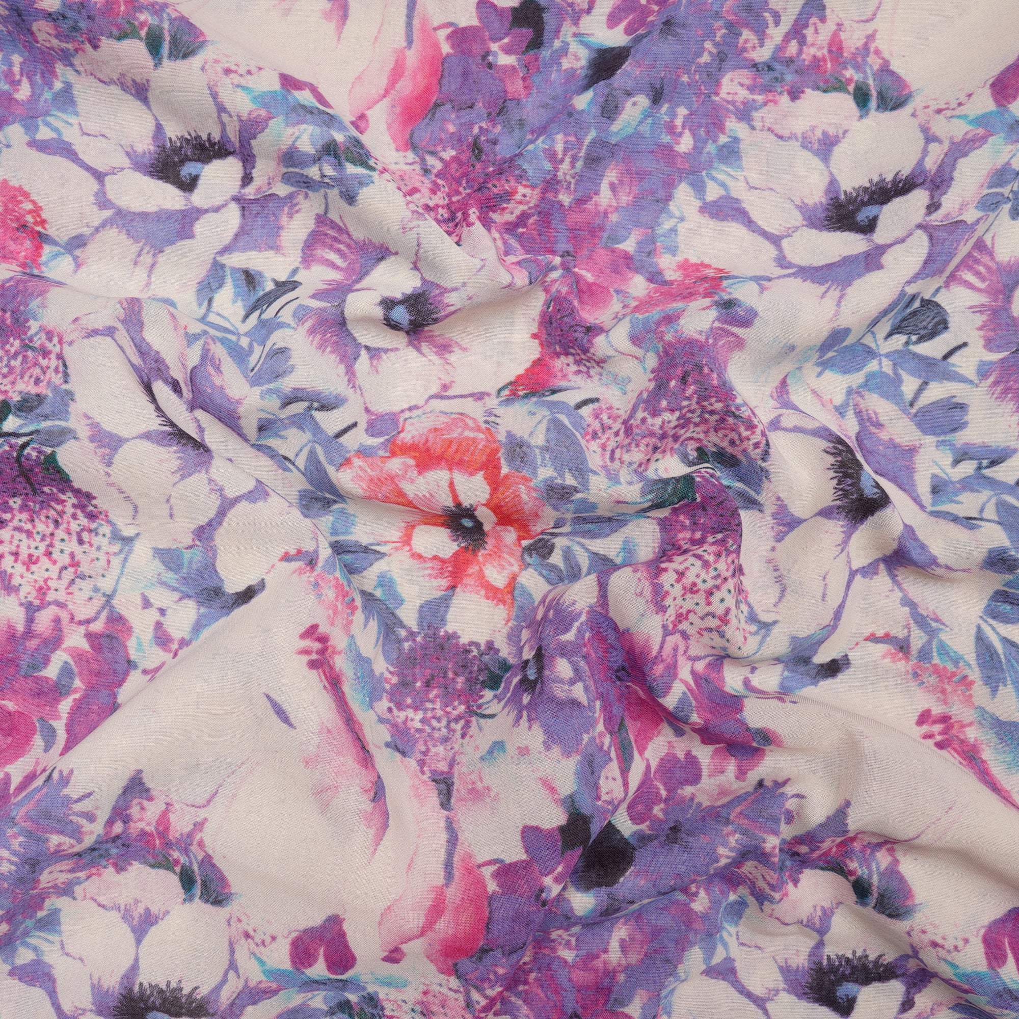 (Pre-Cut 1.50 Mtr)Off-White Purple Floral Pattern Digital Printed High Twisted Cotton Voile Fabric