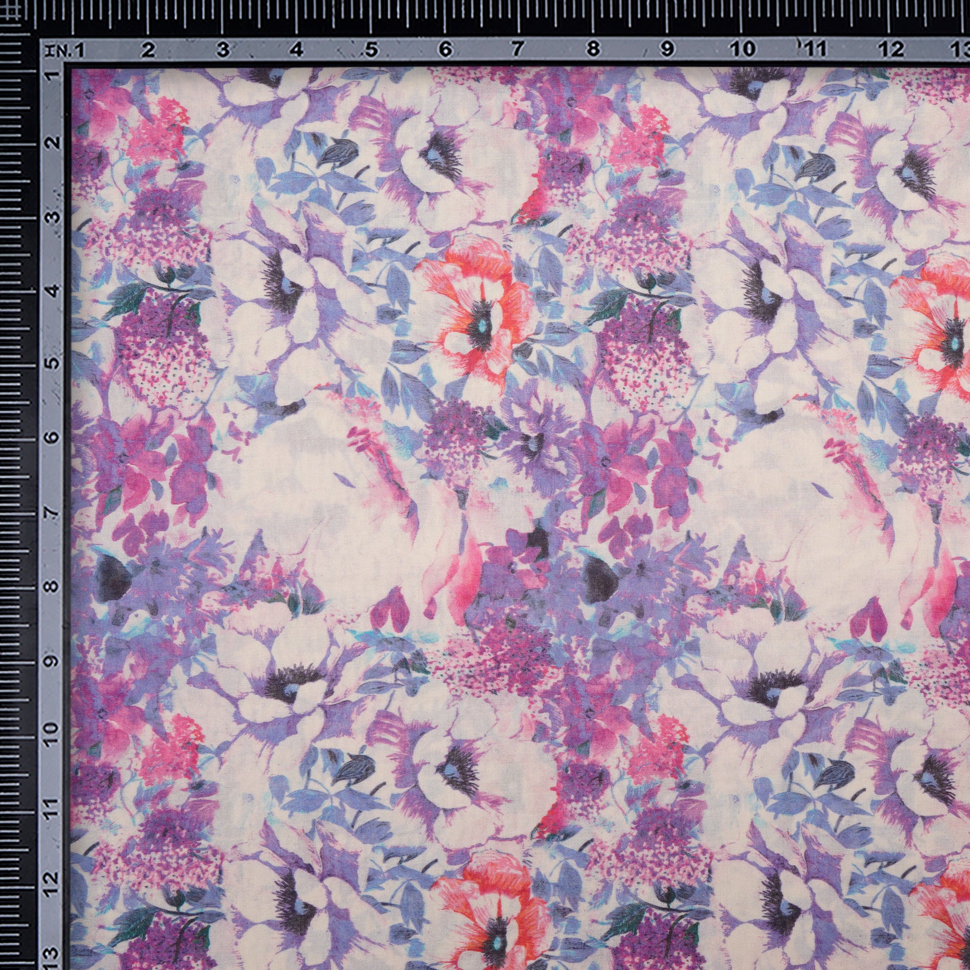 (Pre-Cut 1.50 Mtr)Off-White Purple Floral Pattern Digital Printed High Twisted Cotton Voile Fabric